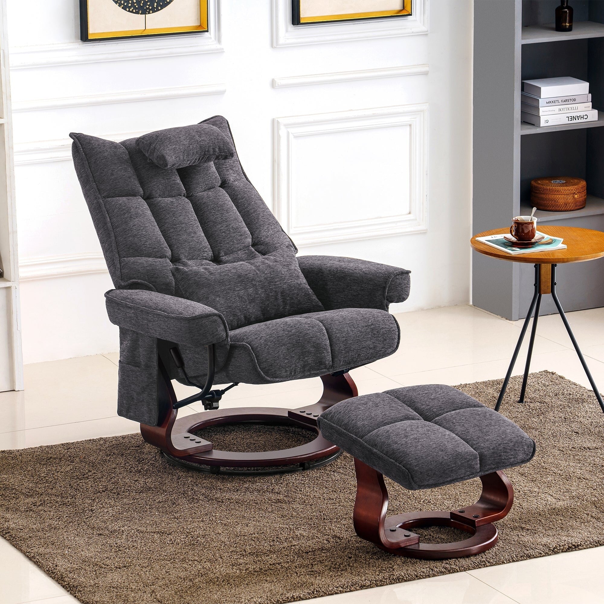 MCombo Swivel Recliner with Ottoman and Neck Pillow, Chenille Fabric