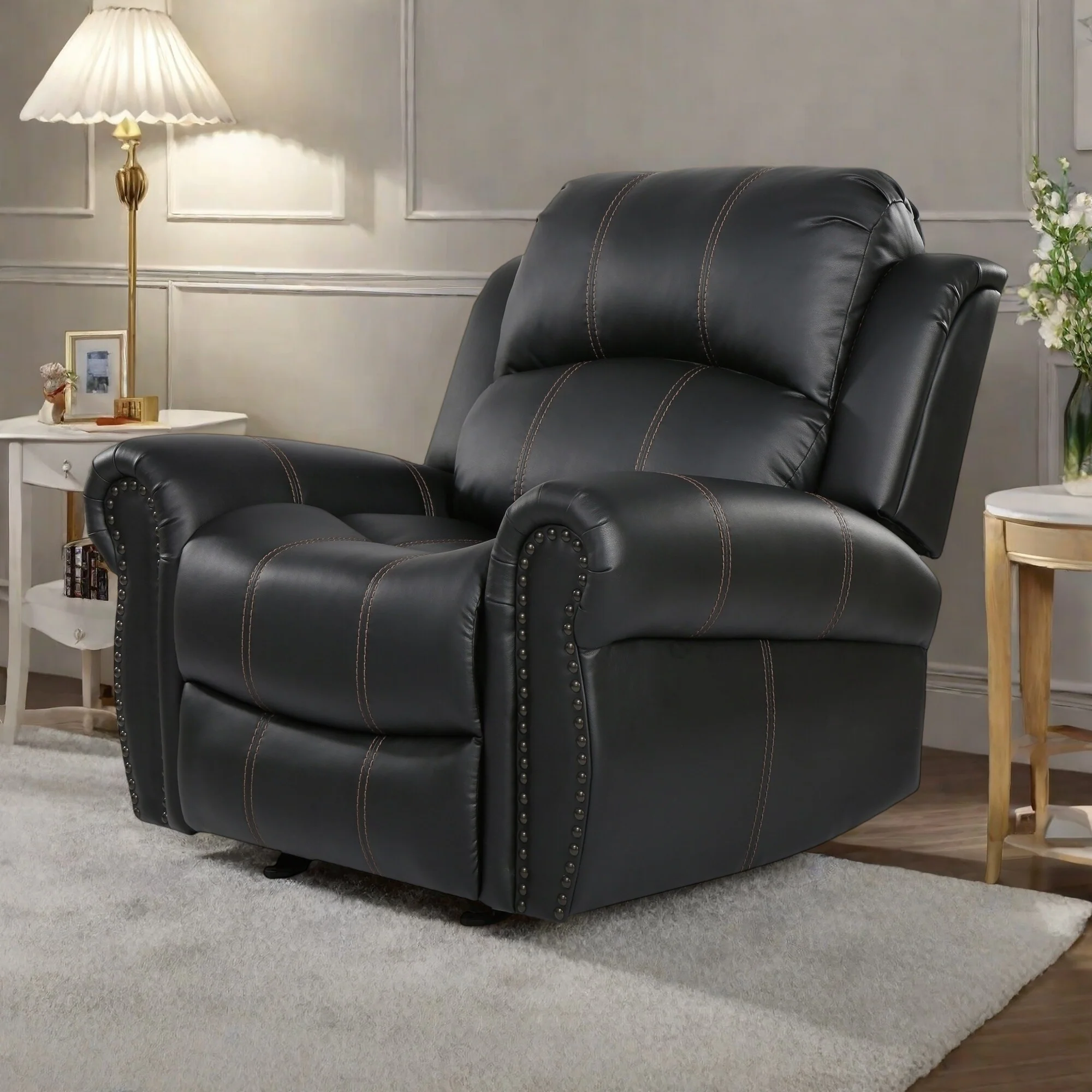Manual Glider Recliner Chair with Faux Leather Upholstery - Rolled Arms, Nailhead Trim, Pushback Recline