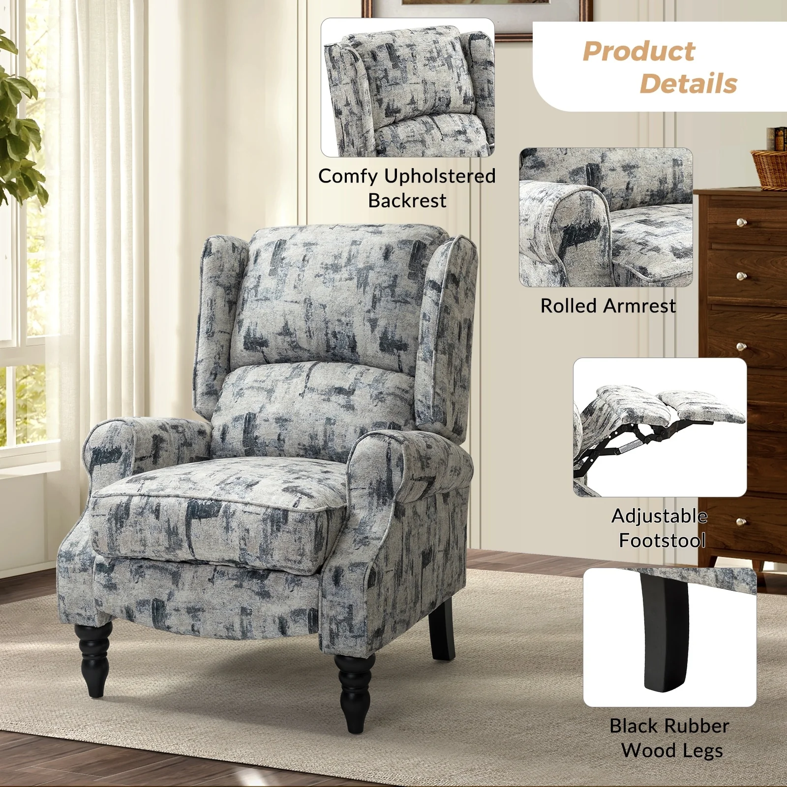 Olympus Upholstered Classic Manual Wingback Recliner with Solid Wood Legs by HULALA HOME
