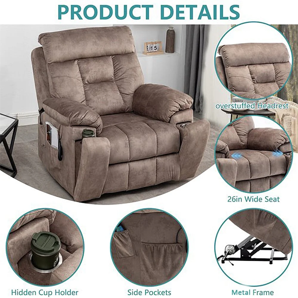 Large Electric Massage Lift Recliner with Heat, Hidden Cup Holder