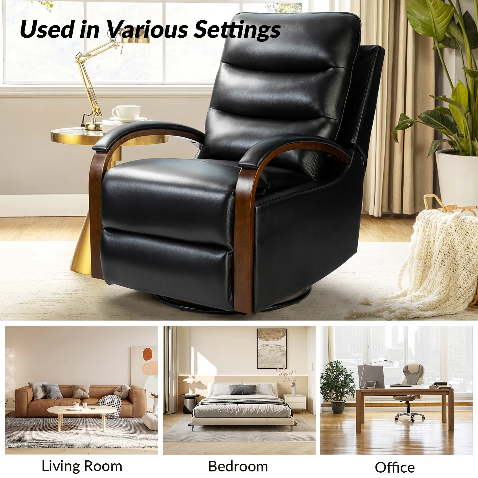 Leopold Genuine Leather Swivel Rocking Manual Recliner Chair with Wooden Arm Accents Set of 2 by HULALA HOME