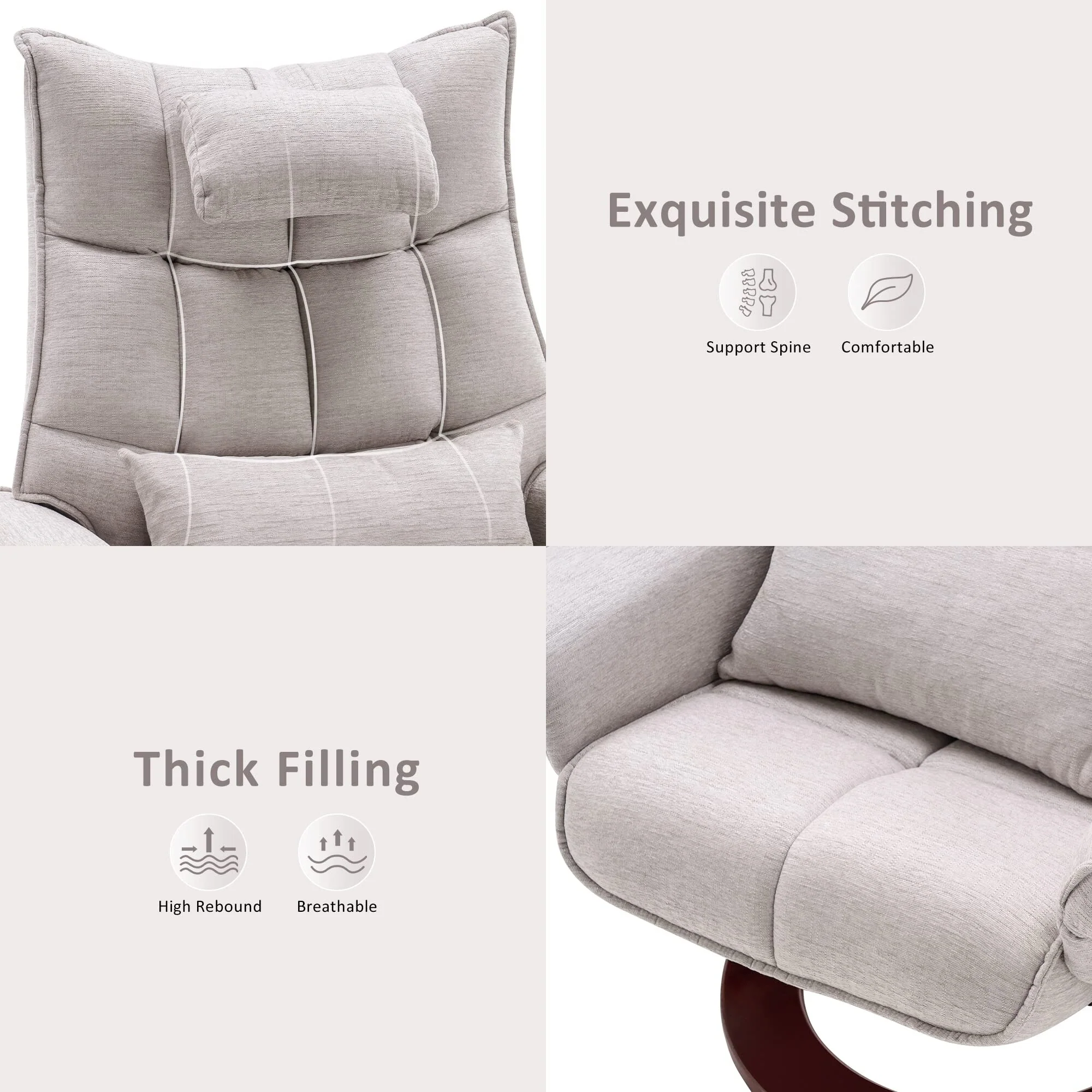 MCombo Swivel Recliner with Ottoman and Neck Pillow, Chenille Fabric