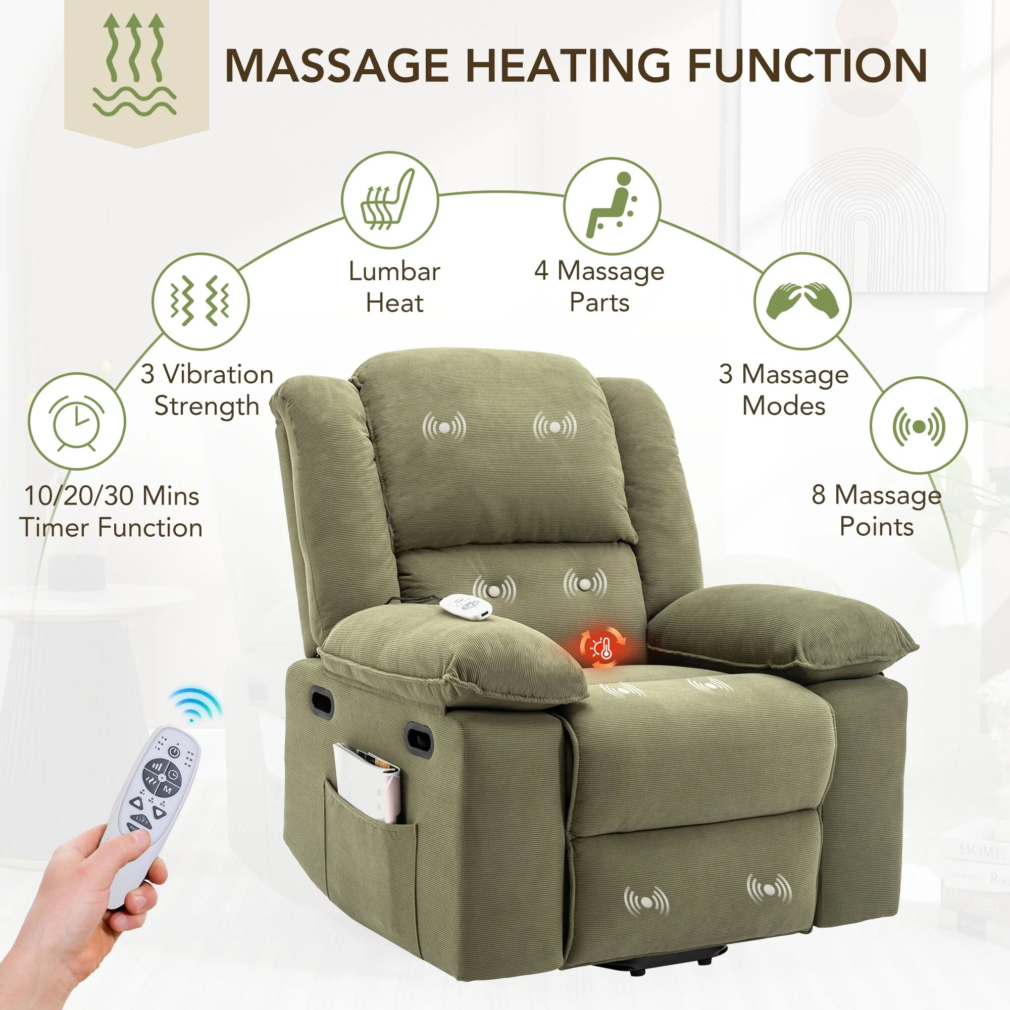 Beige Power Lift Recliner with Massage, Heating, Infinite Recline, Side Pockets, and Retractable Armrests