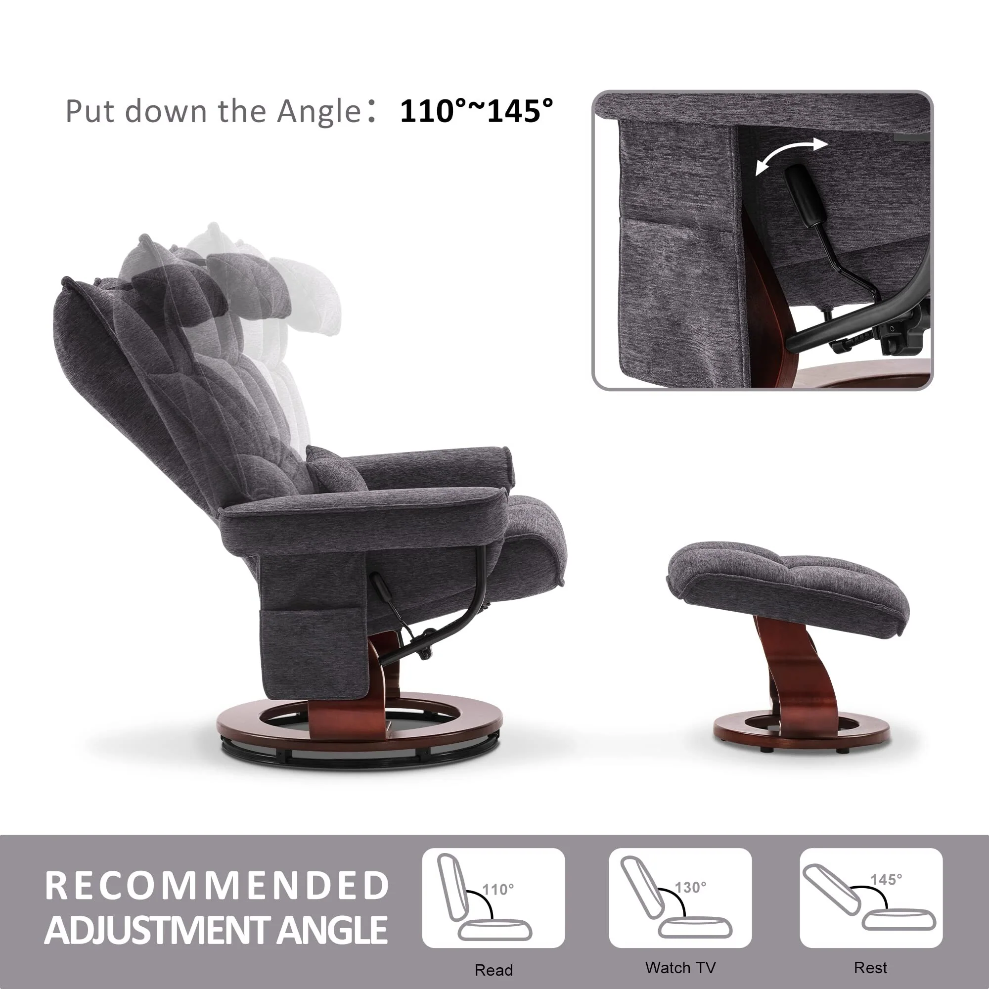 MCombo Swivel Recliner with Ottoman and Neck Pillow, Chenille Fabric