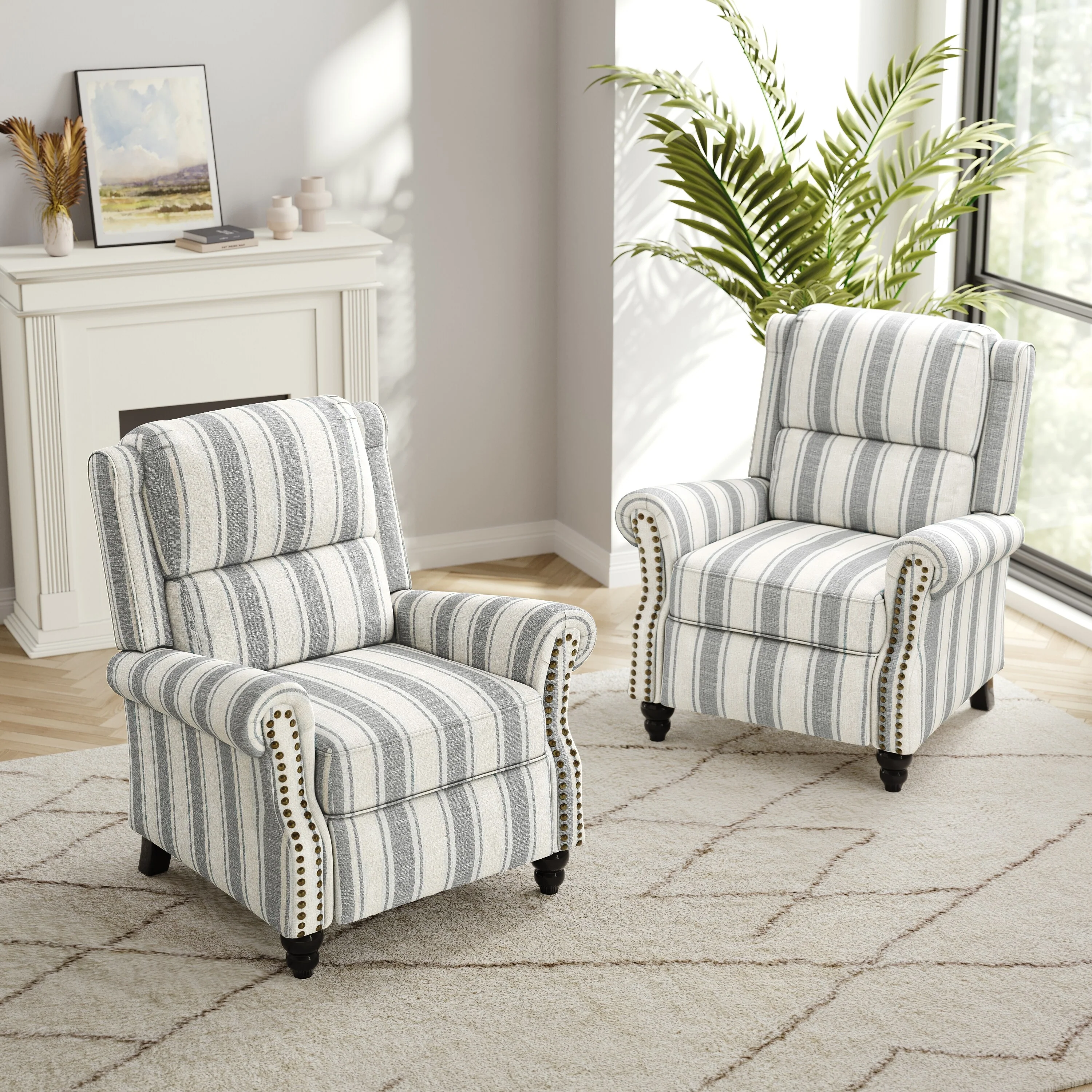 2 Set Nail-head Padded Seat Pushback Recliner Chair