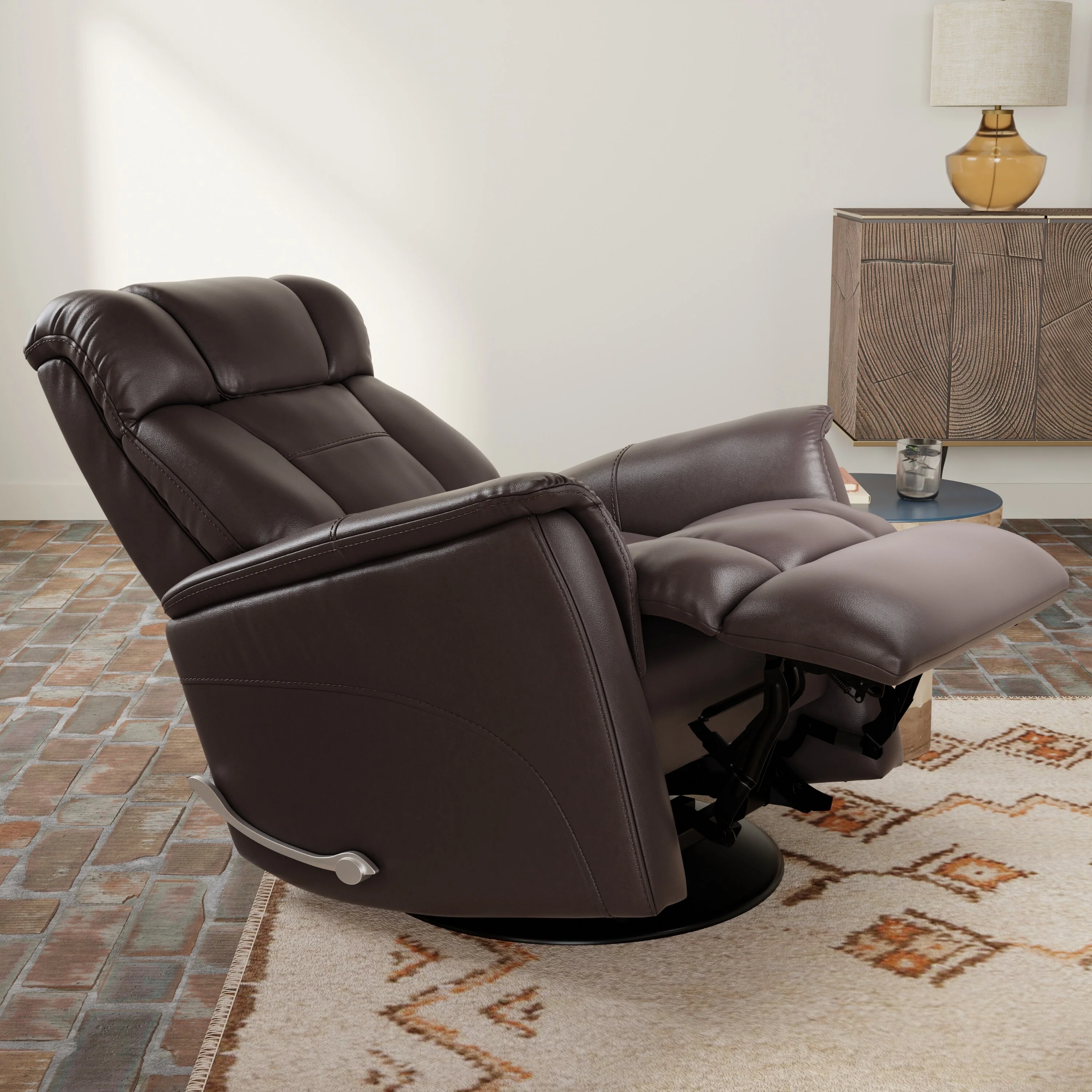 Global Home Swivel Glider Recliner with Manual Adjustable Headrest  Footrest In Faux Leather Bentley