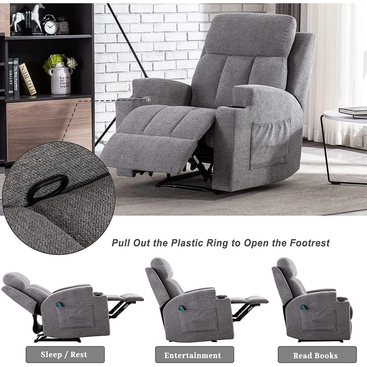 Manual Recliner Massage and Heating Chair Sofa with 2 Cup Holders Breathable Fabric
