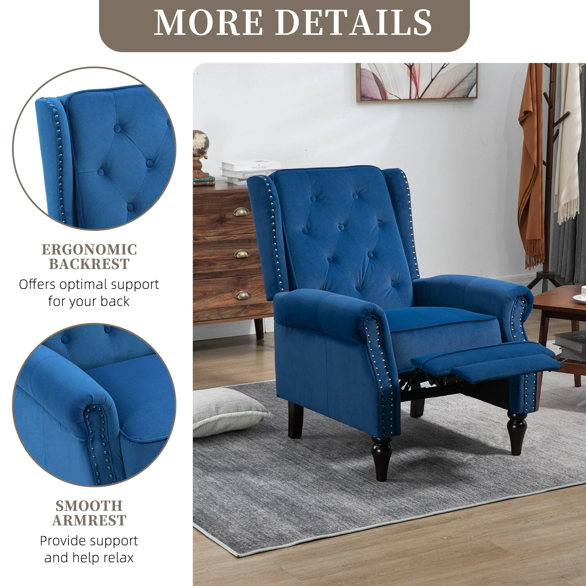 Velvet Upholstered Nailhead Tufted Recliner Chair with Black Legs