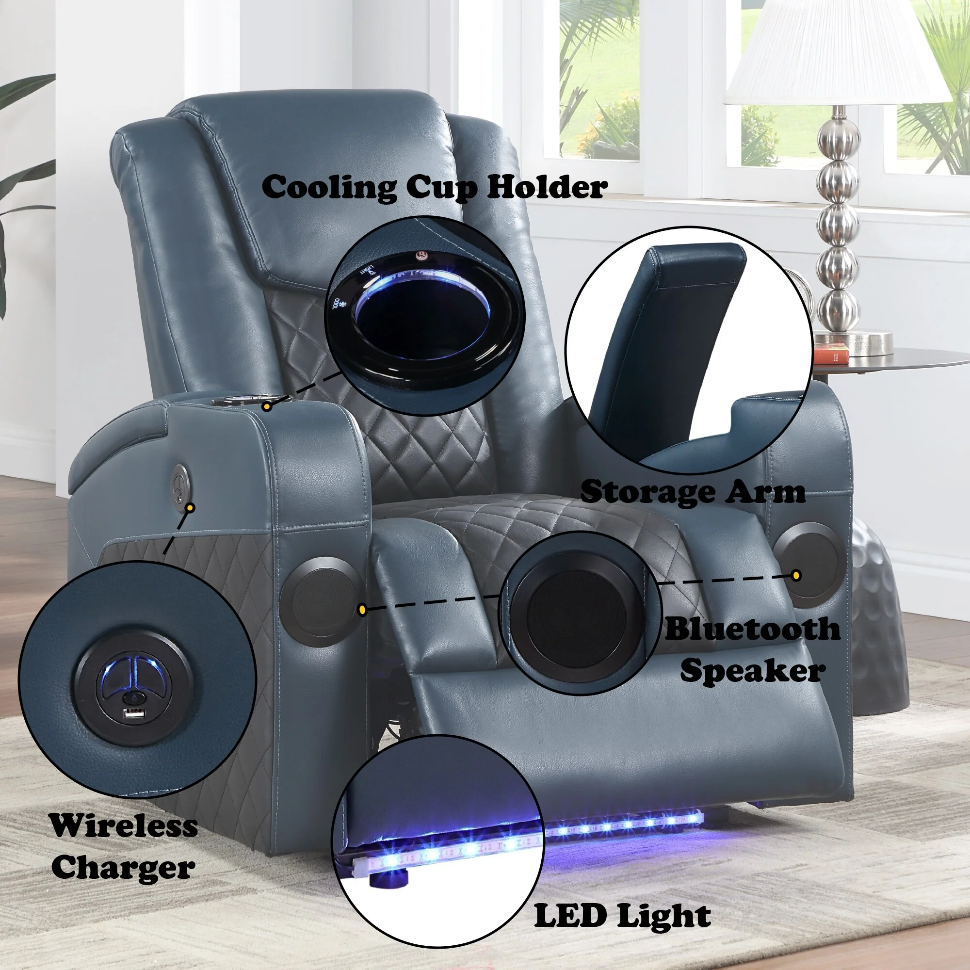 Alair Blue & Black Leather Aire Power Motion Recliner W/Bluetooth, Wireless Charger & Cupholder