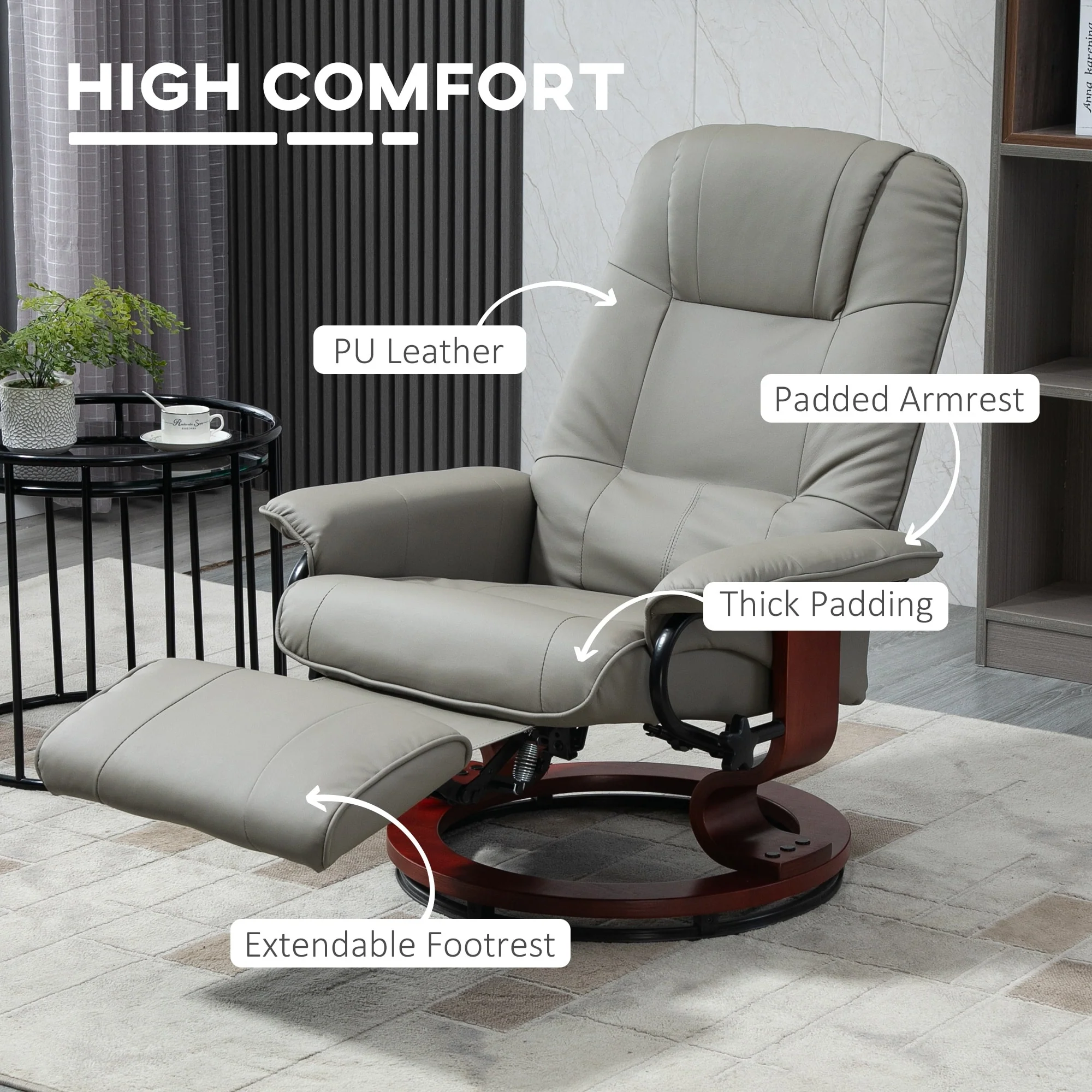 PU Leather Recliner with Wooden Swivel Base, Manual Recline, Padded Armrests, and Footrest