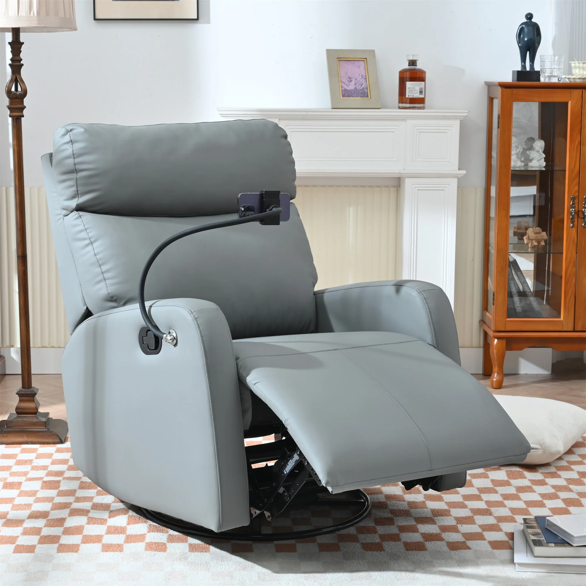 PU Leather 360�� Swivel Rocker Recliner with Phone Holder
