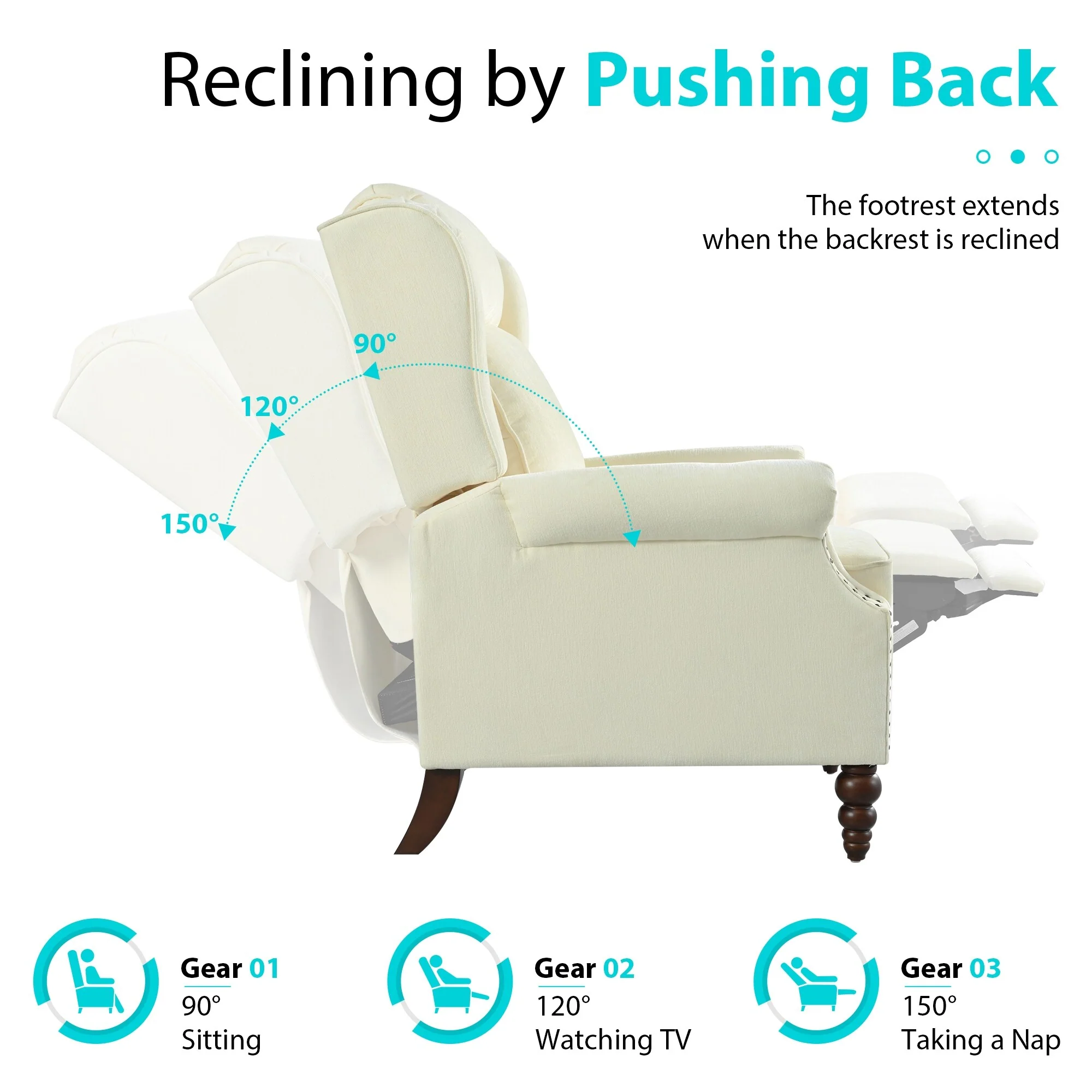 29.75 Push Back Recliner Chair Upholstered Recliner Armchair with Classic Wing Back and Solid Gourd-shaped Wooden Legs