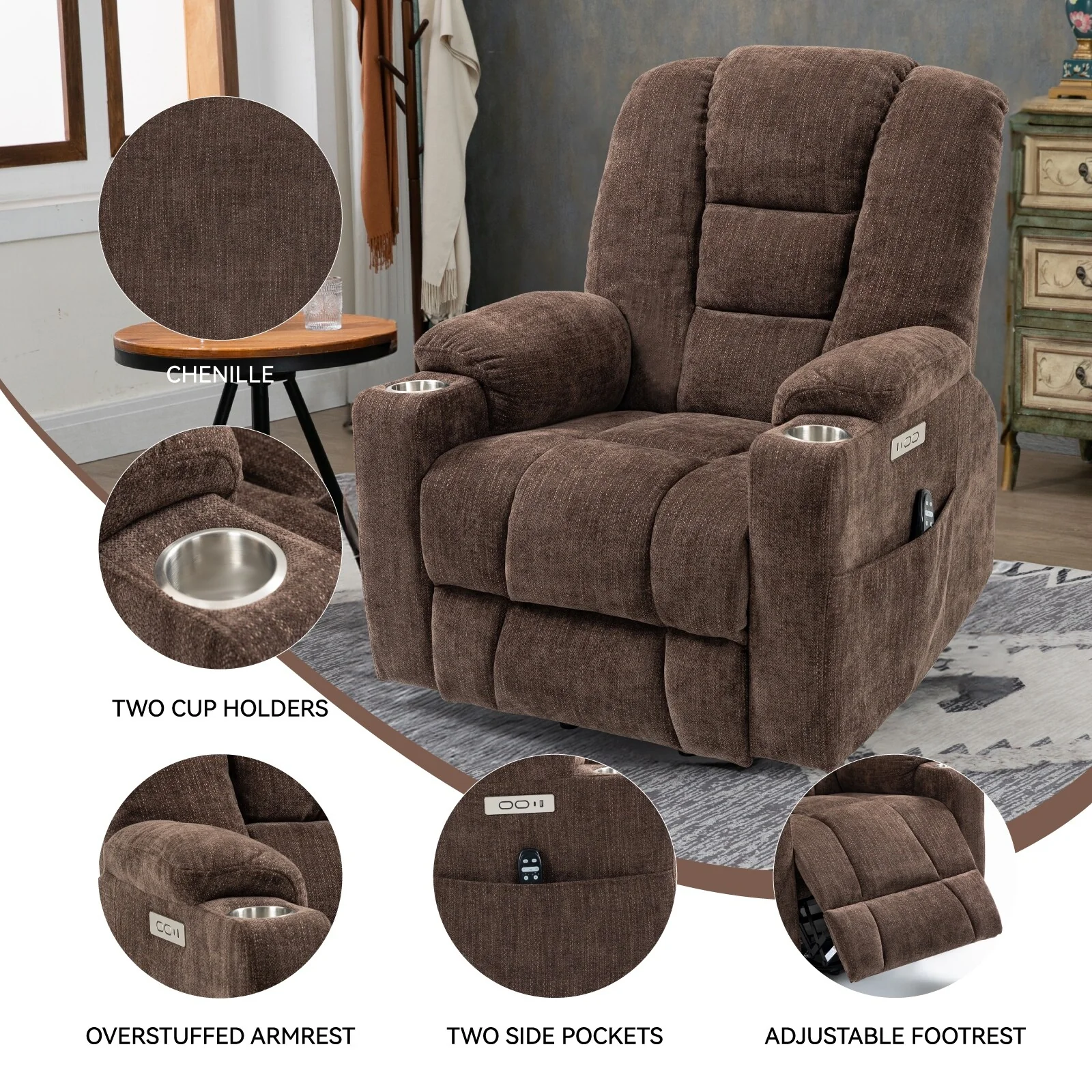 Power Lift Recliner Chair with Dual USB, Cup Holders & Chenille Fabric