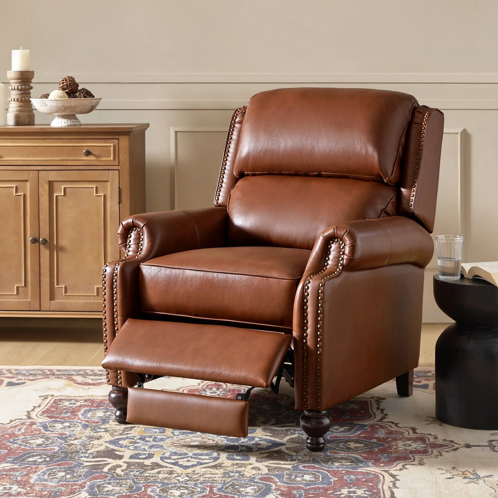 Gabriela Mid-Century Modern Genuine Leather Recliner with Tapered Block Feet by HULALA HOME