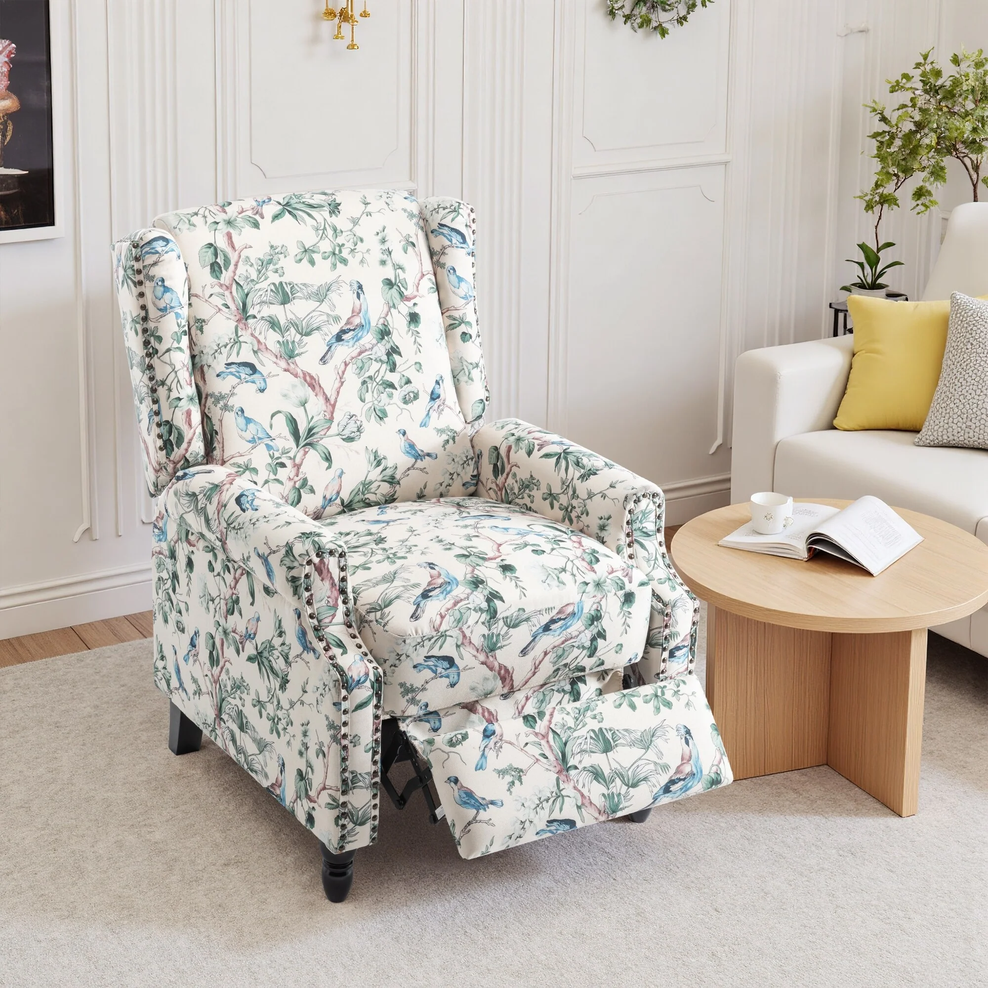 Linen Manual Upholstered Recliner with Wood Legs
