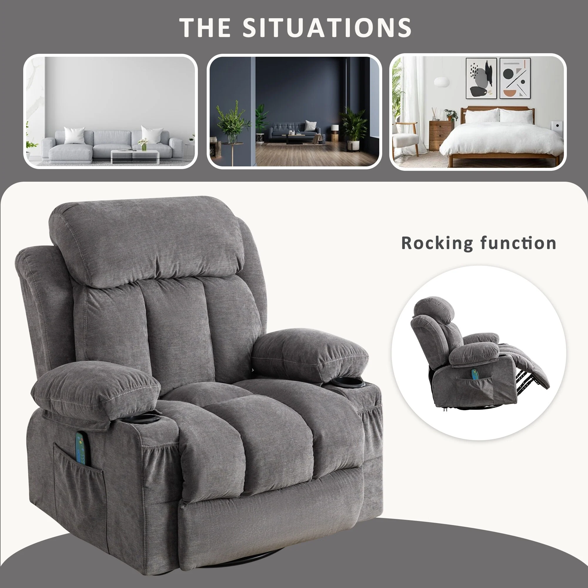 Beige 360-Degree Swivel Recliner with Massage and Heating, USB Charging, 2 Cup Holders, Large Side Pockets