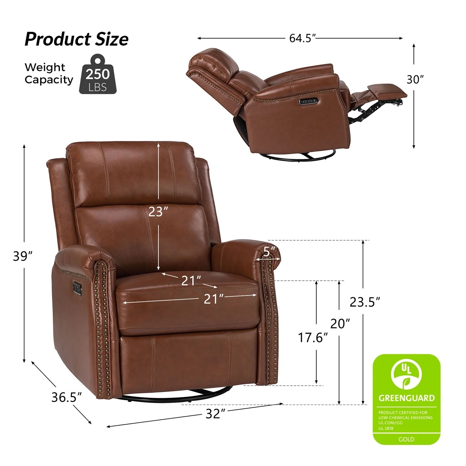 Renato Traditional Genuine Leather Nailhead Power Swivel Recliner Chair with Metal Base Set of 2 by HULALA HOME
