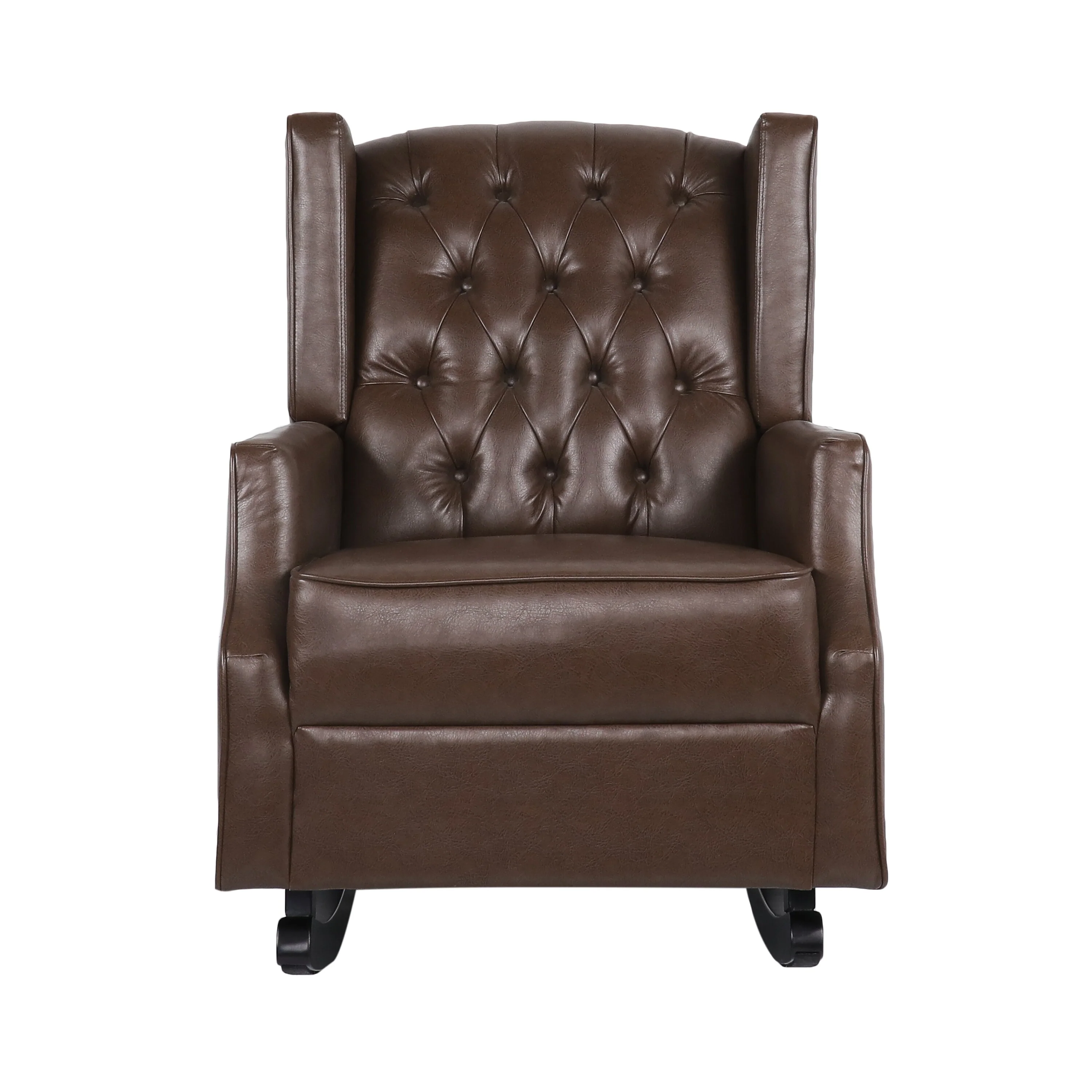 Roomfitters Faux Leather Rocking Chair with Button Tufting and Wingback Design, Upholstered Accent Nursery Chair