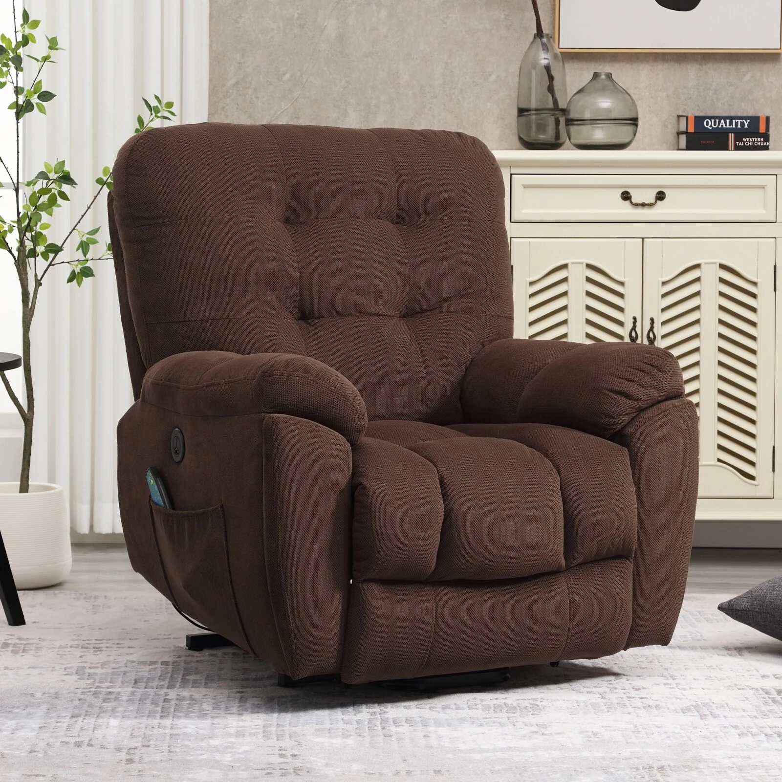 Grey Power Lift Recliner with Vibration Massage, Heat, USB, and Hidden Cup Holders