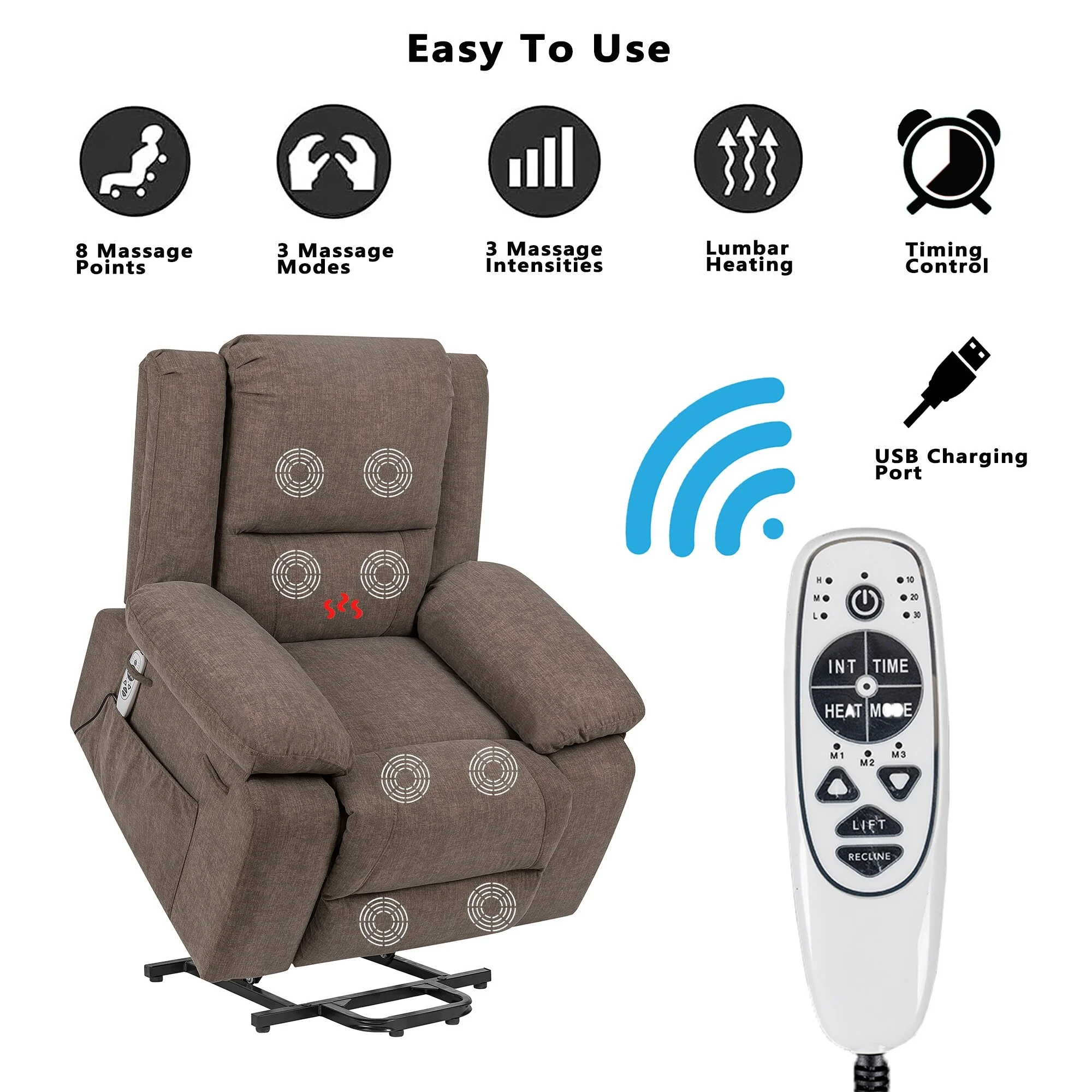 Reclining Lift Chair with Massage, Heating, and Remote Control Pockets