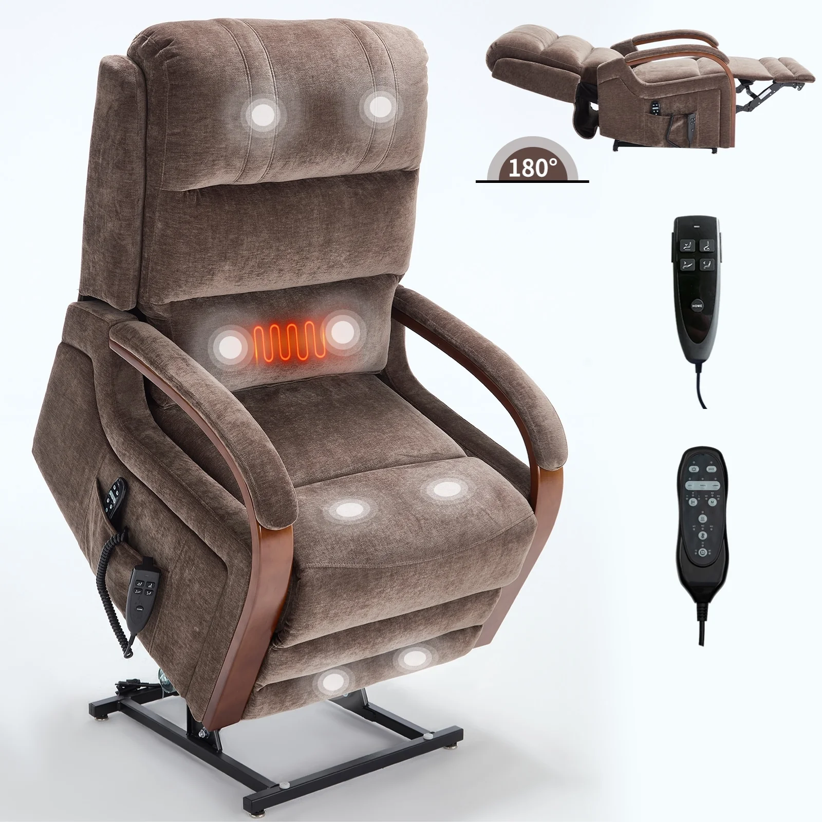 Chenille Power Lift Recliner with Massage & Wood Armrests