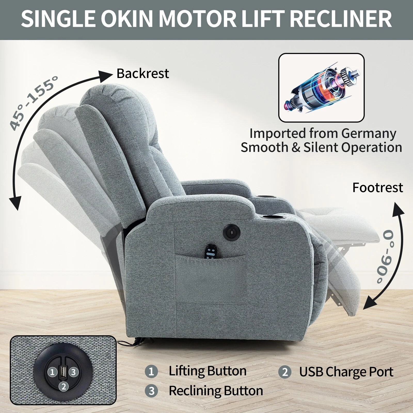 Grey Power Lift Recliner with Massage, Heat  Cup Holders