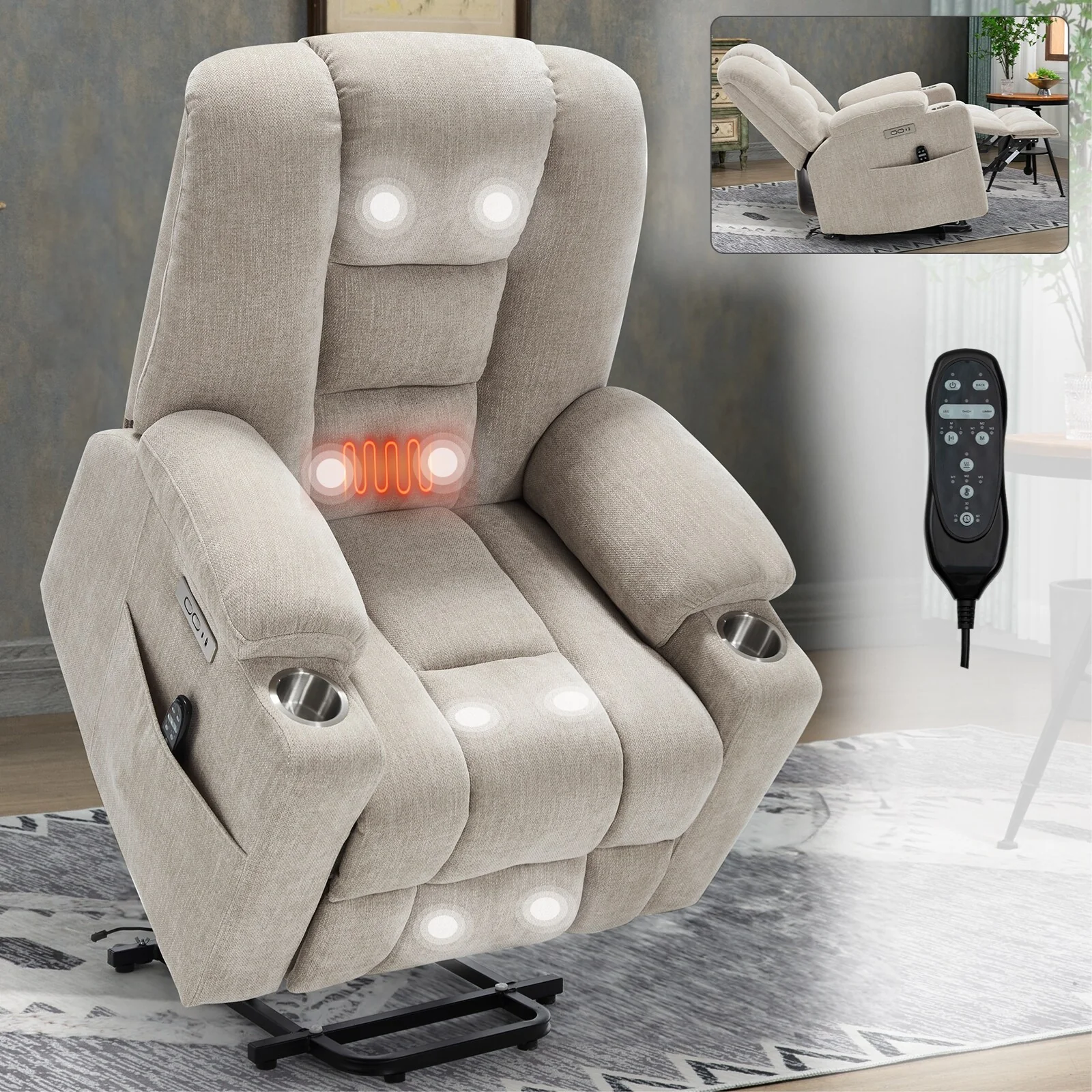 Power Lift Recliner Chair with Dual USB, Cup Holders & Chenille Fabric