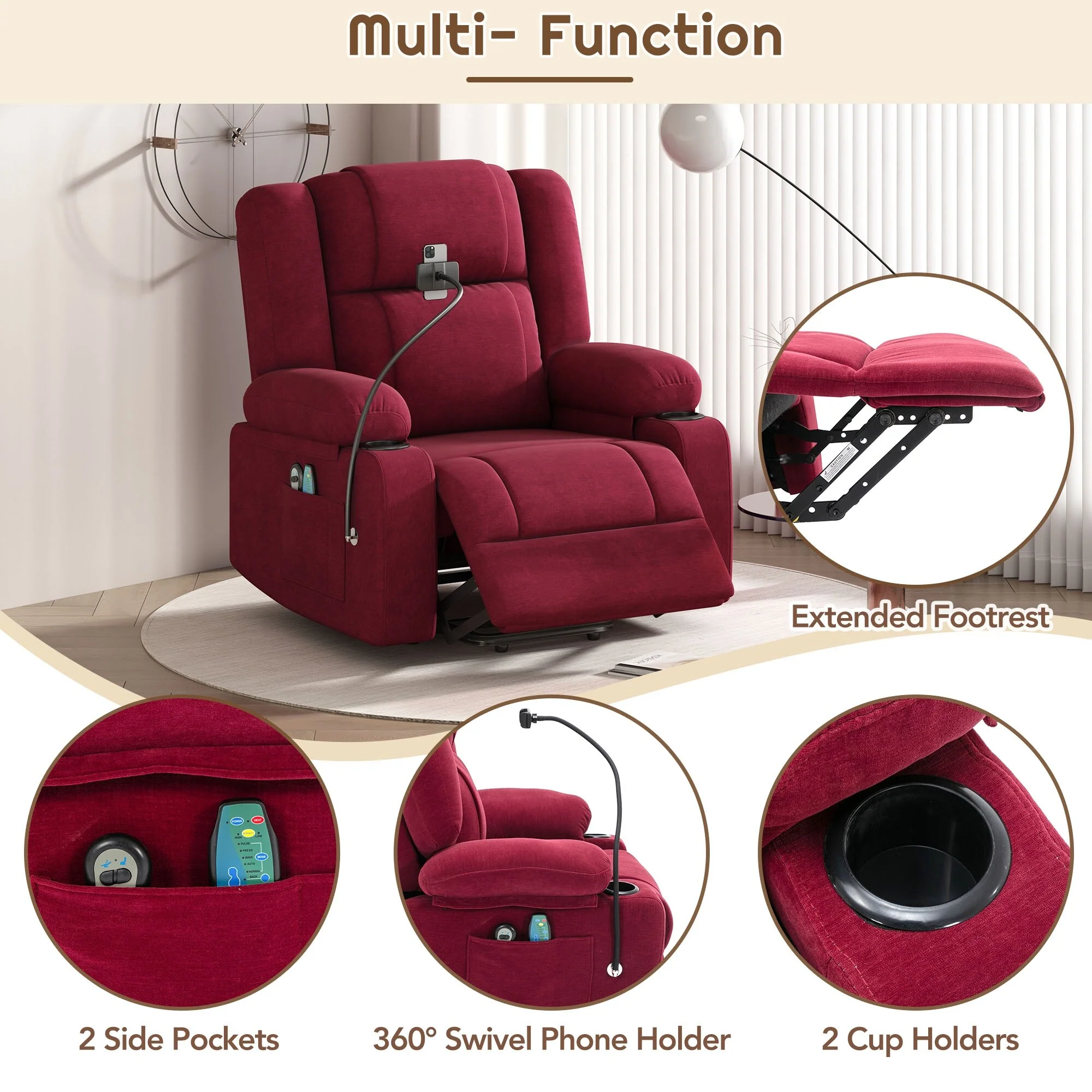 Grey Electric Lift Recliner featuring Massage, Heating, Cup Holders & 360�� Swivel Phone Stand with Adjustable Recline