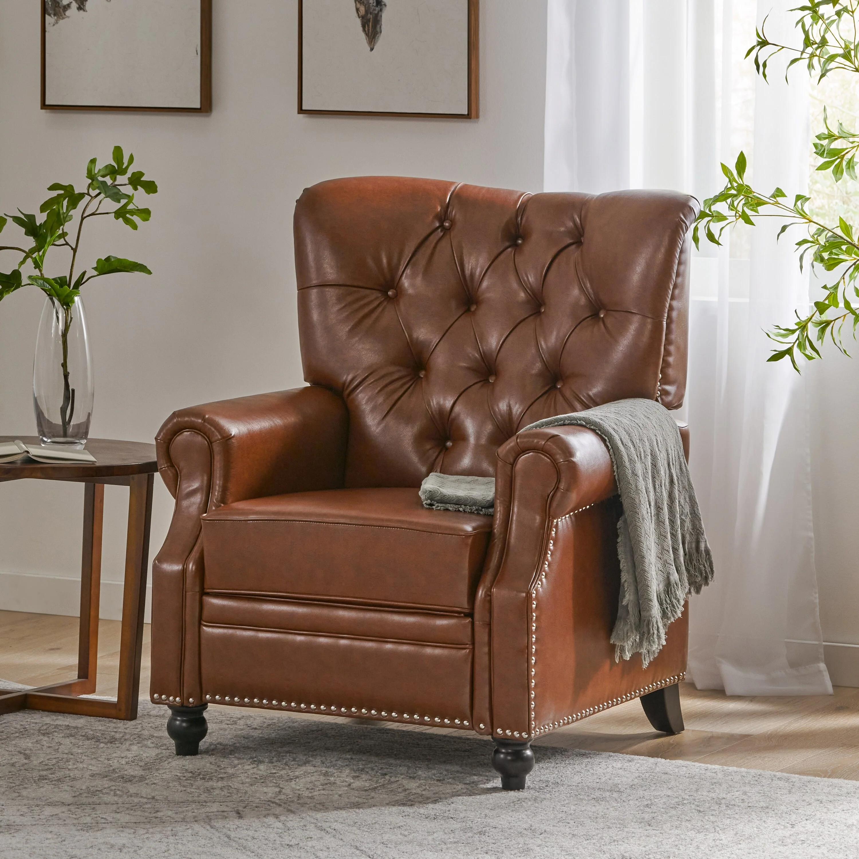 Button?Tufted Push?Back Recliner Chair with Nailhead & Rolled Arms