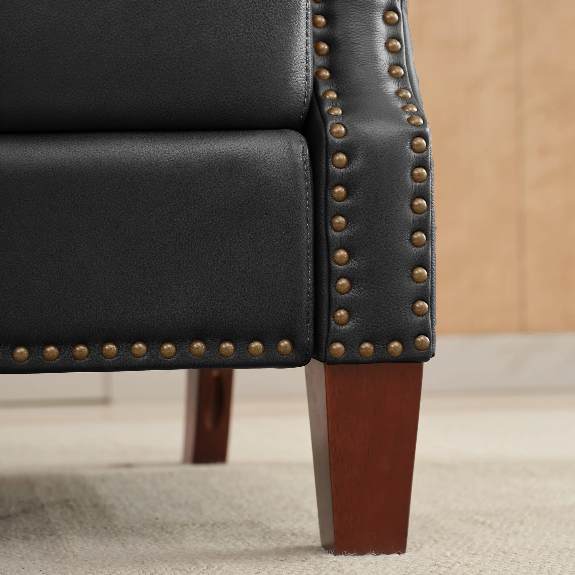 Genuine Leather Pushback Recliner with Multi-Angle Seat Back and Solid Wood Legs