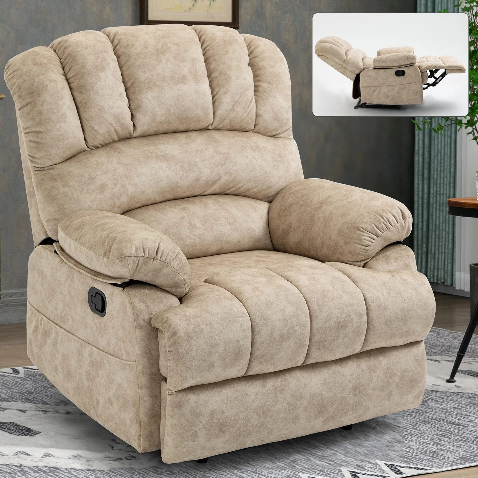 Beige Oversized Fabric Recliner Chair with Manual Recline