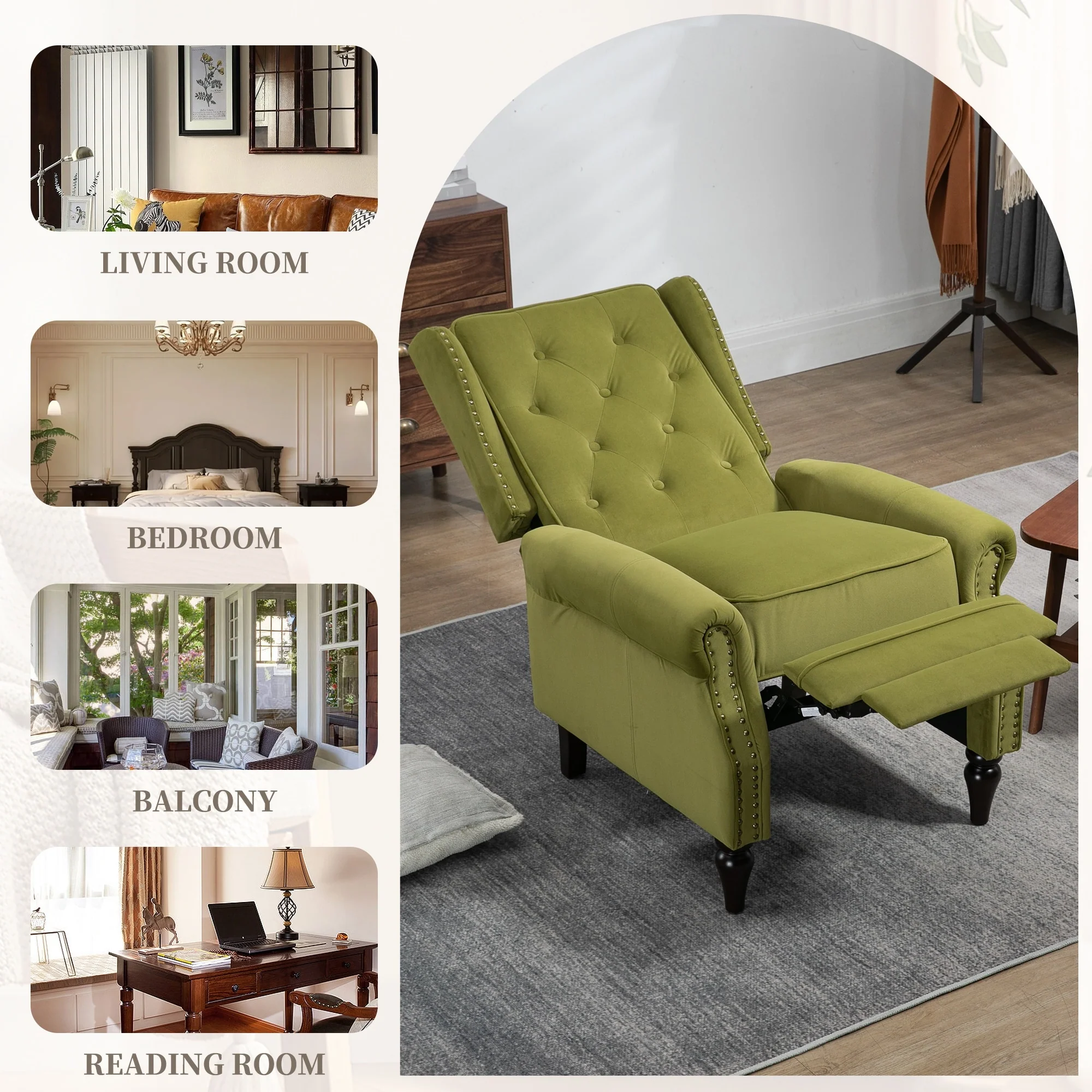 Velvet Upholstered Nailhead Tufted Recliner Chair with Black Legs