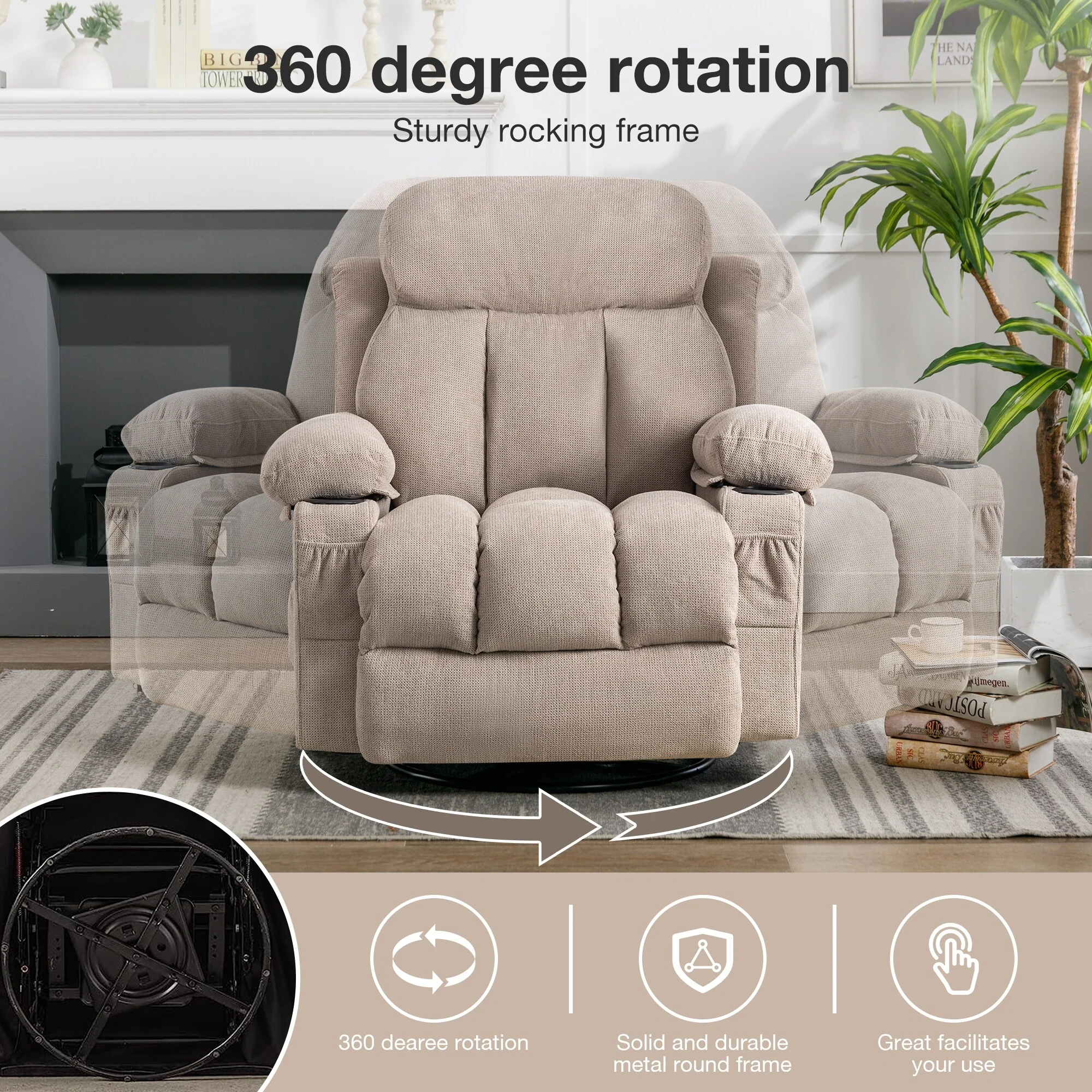 Massage 360 Swivel Rocker Recliner Chair, Heating, Cup Holders, USB