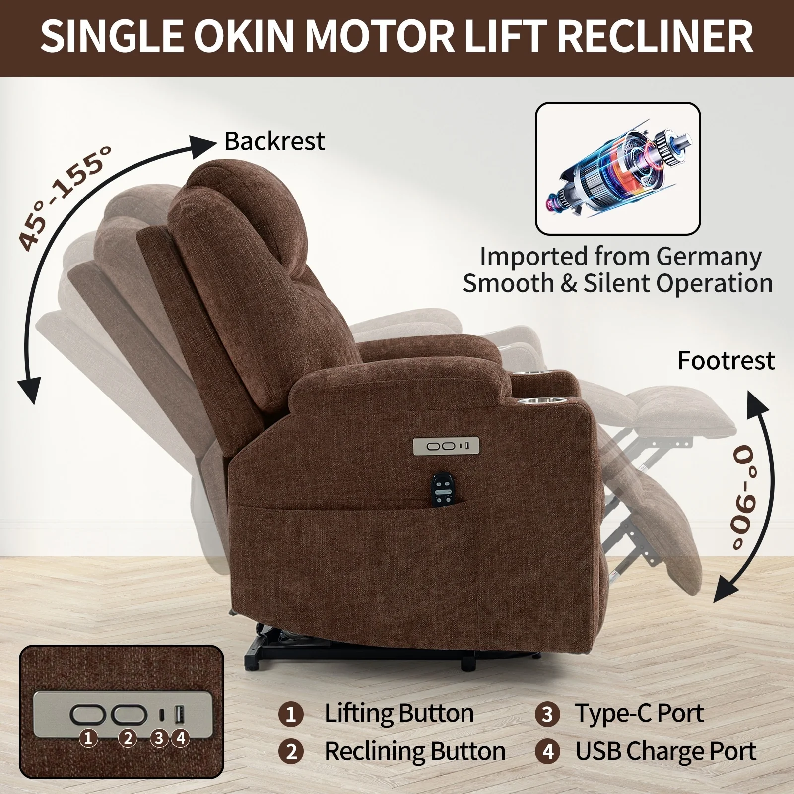 Power Lift Recliner with 8-Point Massage, Lumbar Heat, Dual USB Charging, and Stainless Steel Cup Holders