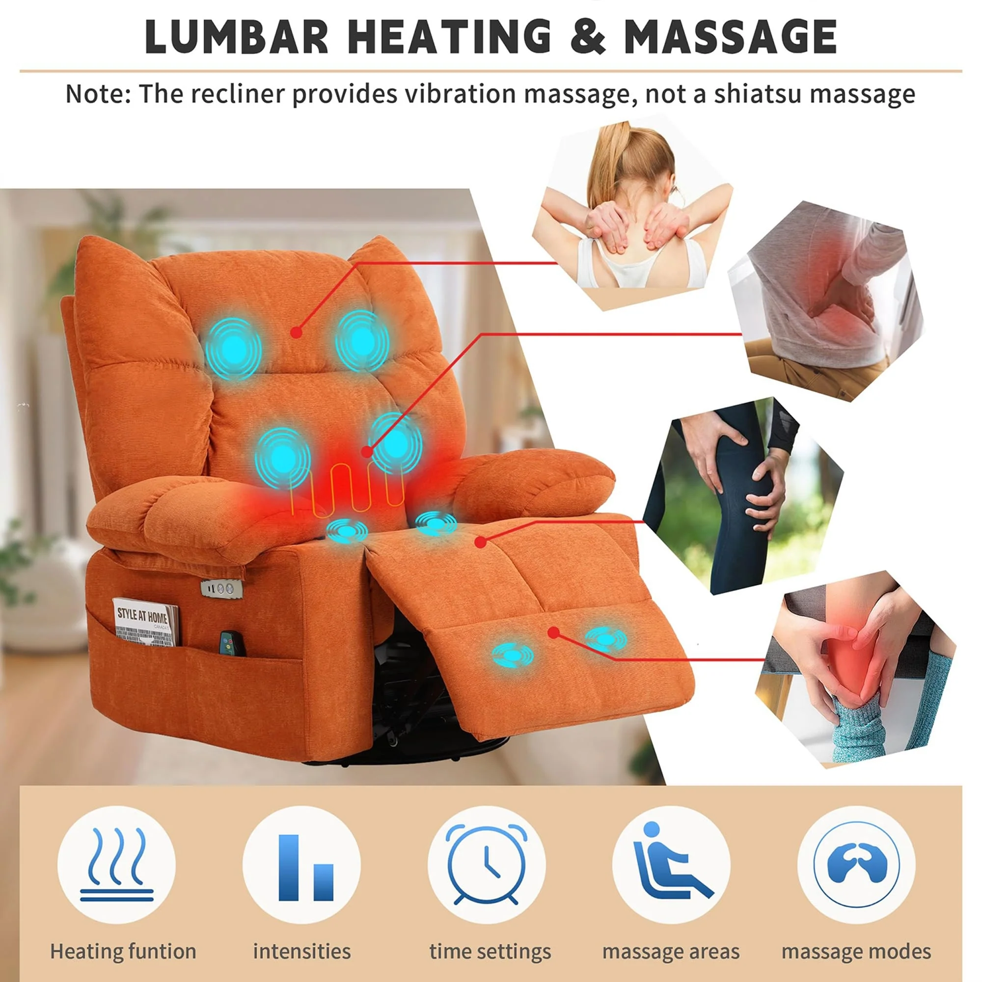 XINMICS Swivel Recliner Chair, Glider Rocking Power Recliner with Massage and Heated