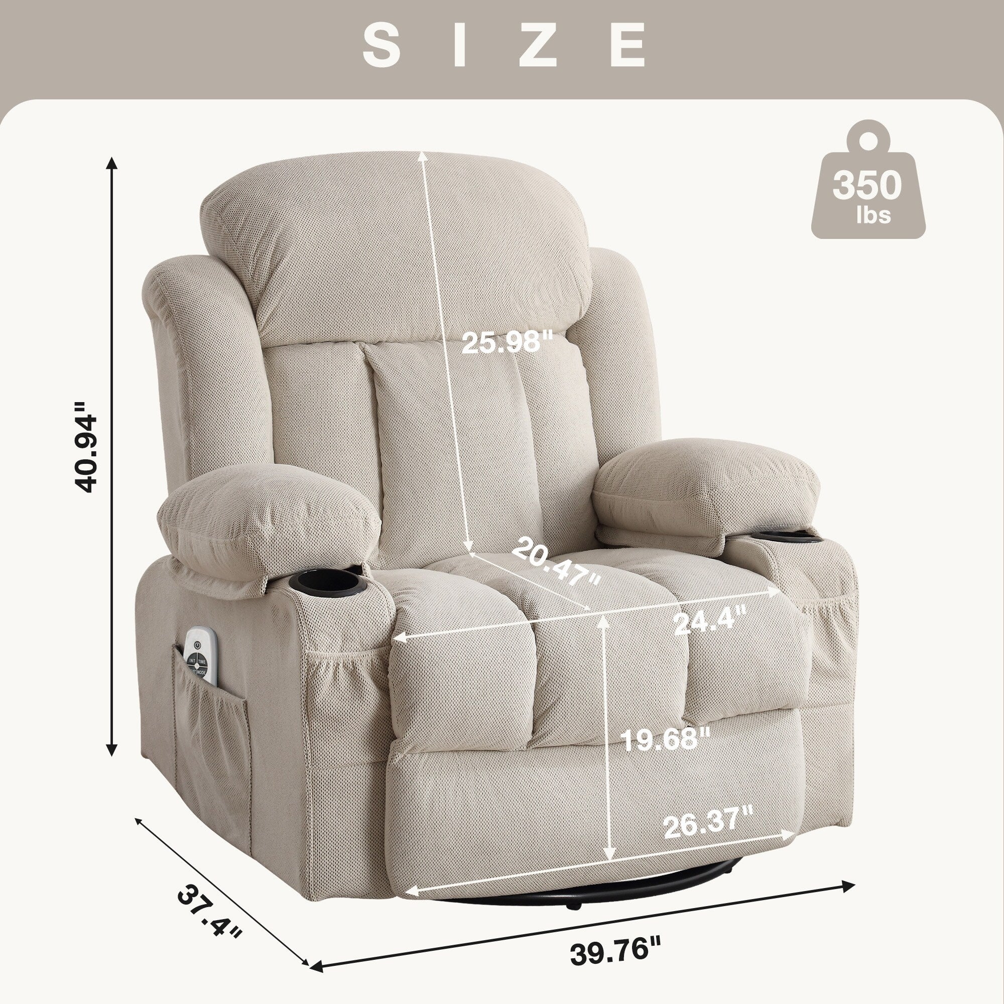 Swinging Recliner Massage Heated Sofa, With Usb And 2 Cup Holders In Side Pockets
