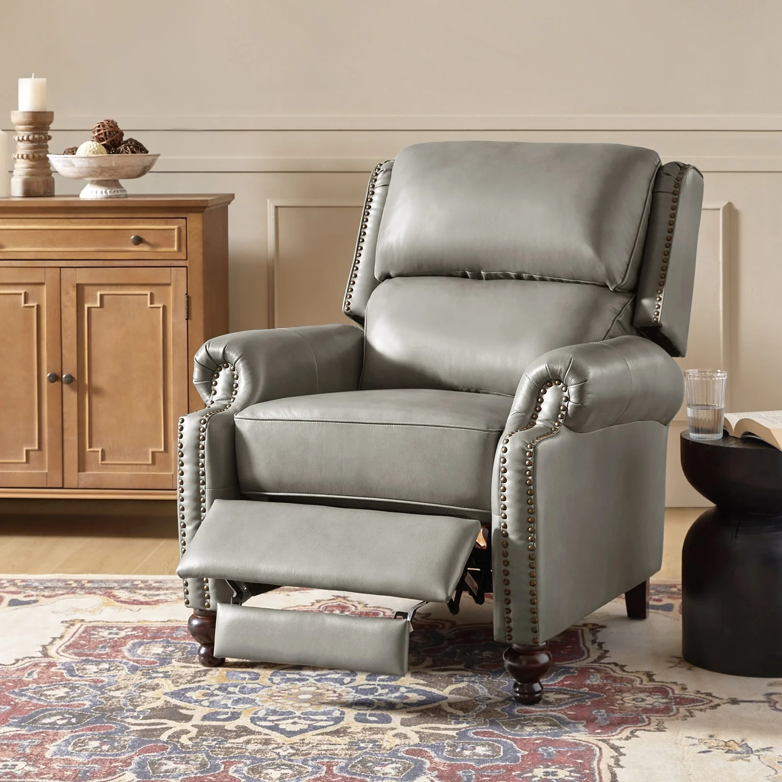 Gabriela Mid-Century Modern Genuine Leather Recliner with Tapered Block Feet by HULALA HOME