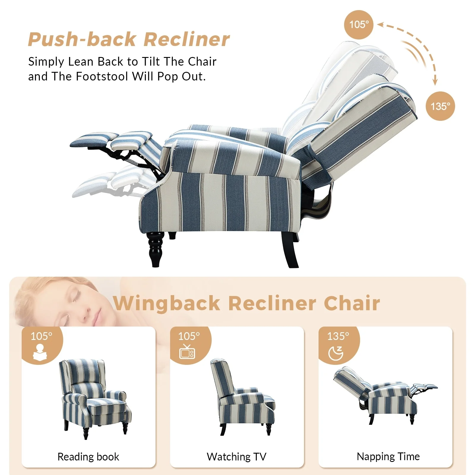 Olympus Upholstered Classic Manual Wingback Recliner with Solid Wood Legs by HULALA HOME