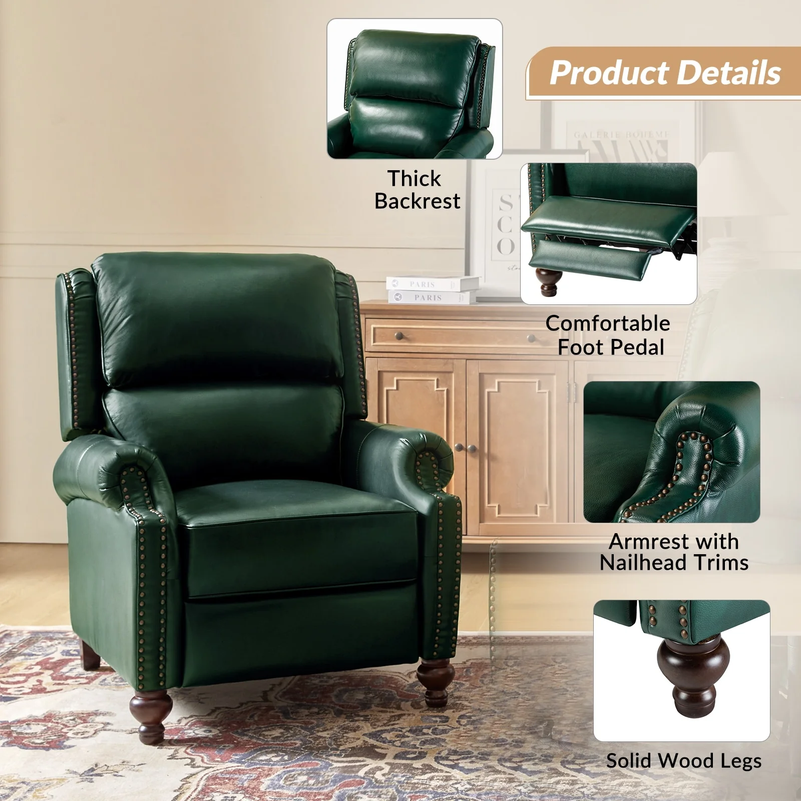 Gabriela Mid-Century Modern Genuine Leather Recliner with Tapered Block Feet by HULALA HOME