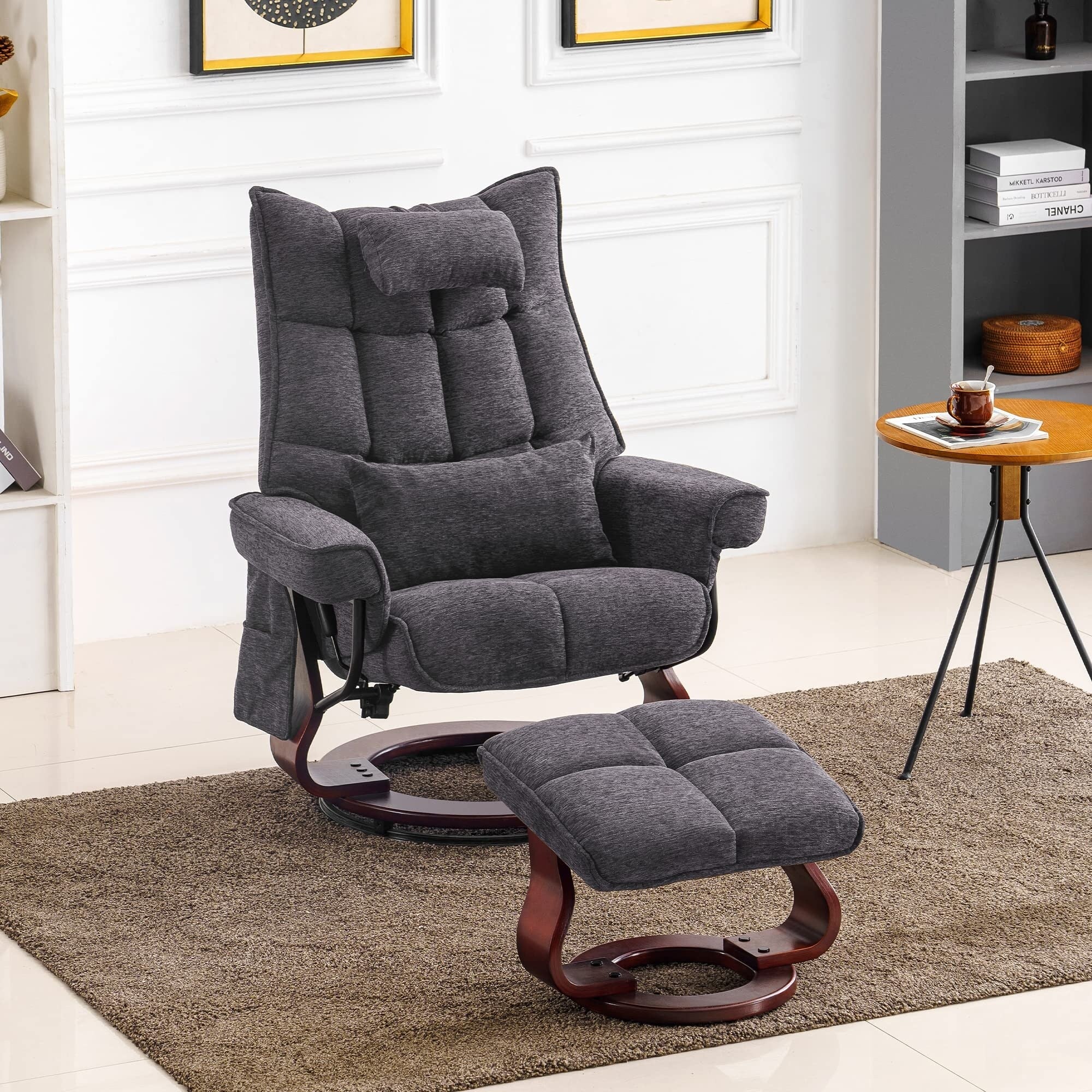 MCombo Swivel Recliner with Ottoman and Neck Pillow, Chenille Fabric