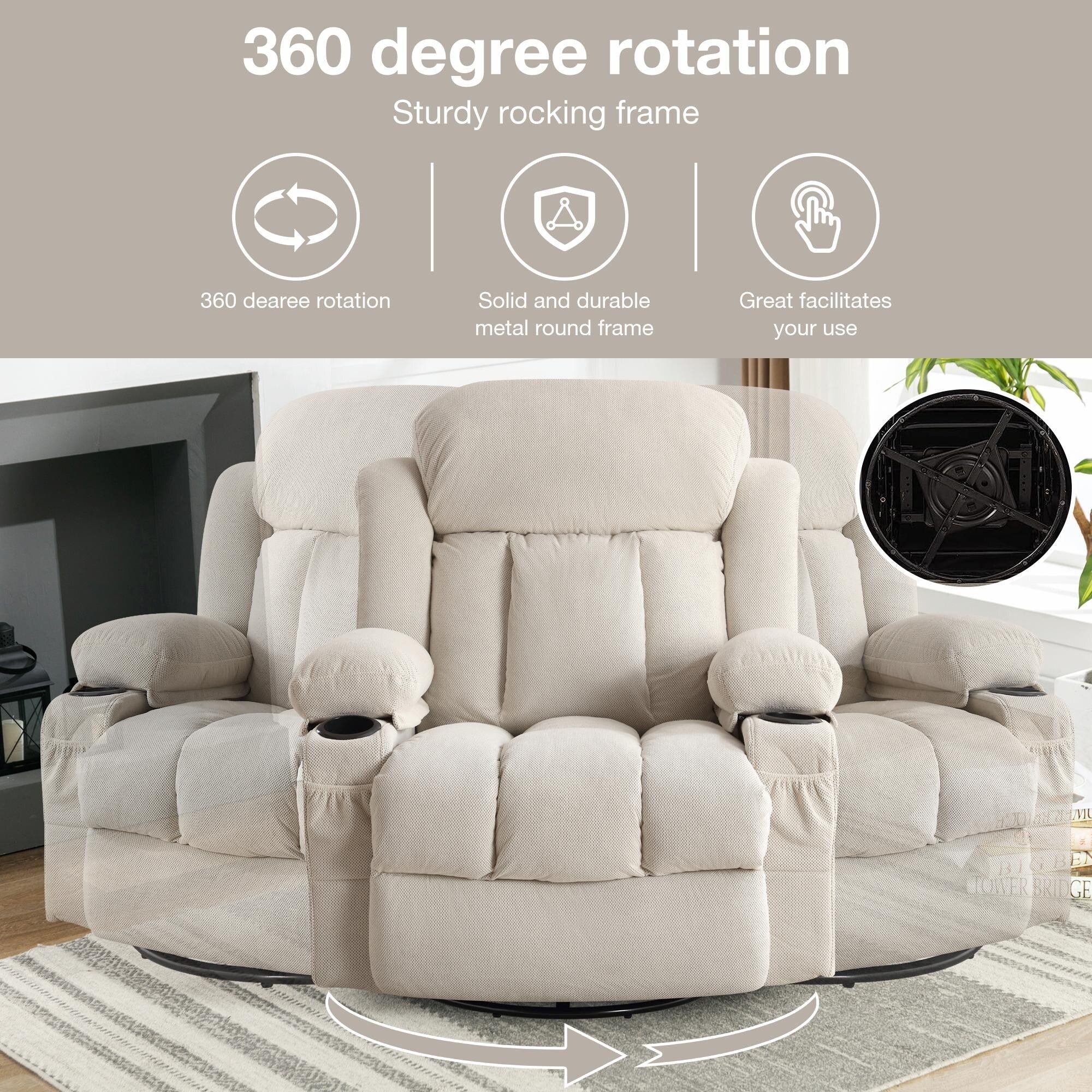 Swinging Recliner Massage Heated Sofa, with USB and 2 Cup Holders in Side Pockets