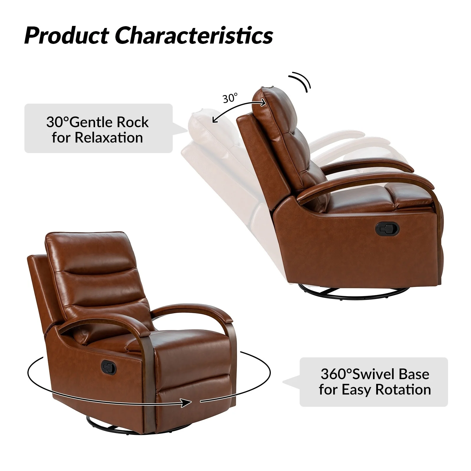 Leopold Genuine Leather Swivel Rocking Manual Recliner Chair with Wooden Arm Accents Set of 2 by HULALA HOME