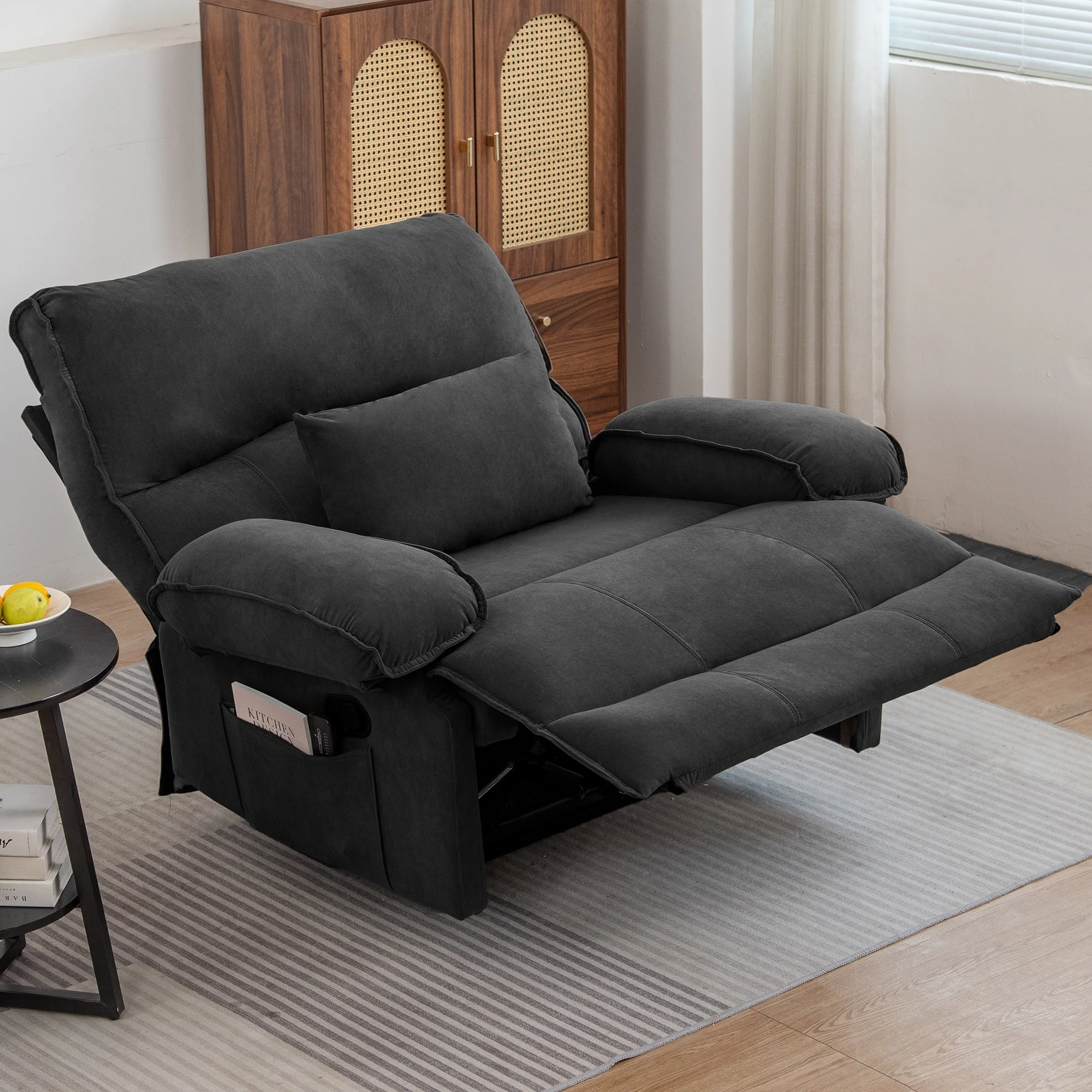 Extra-Wide Push-Back Recliner with Heated Massage Pillow and Plush Fleece Upholstery