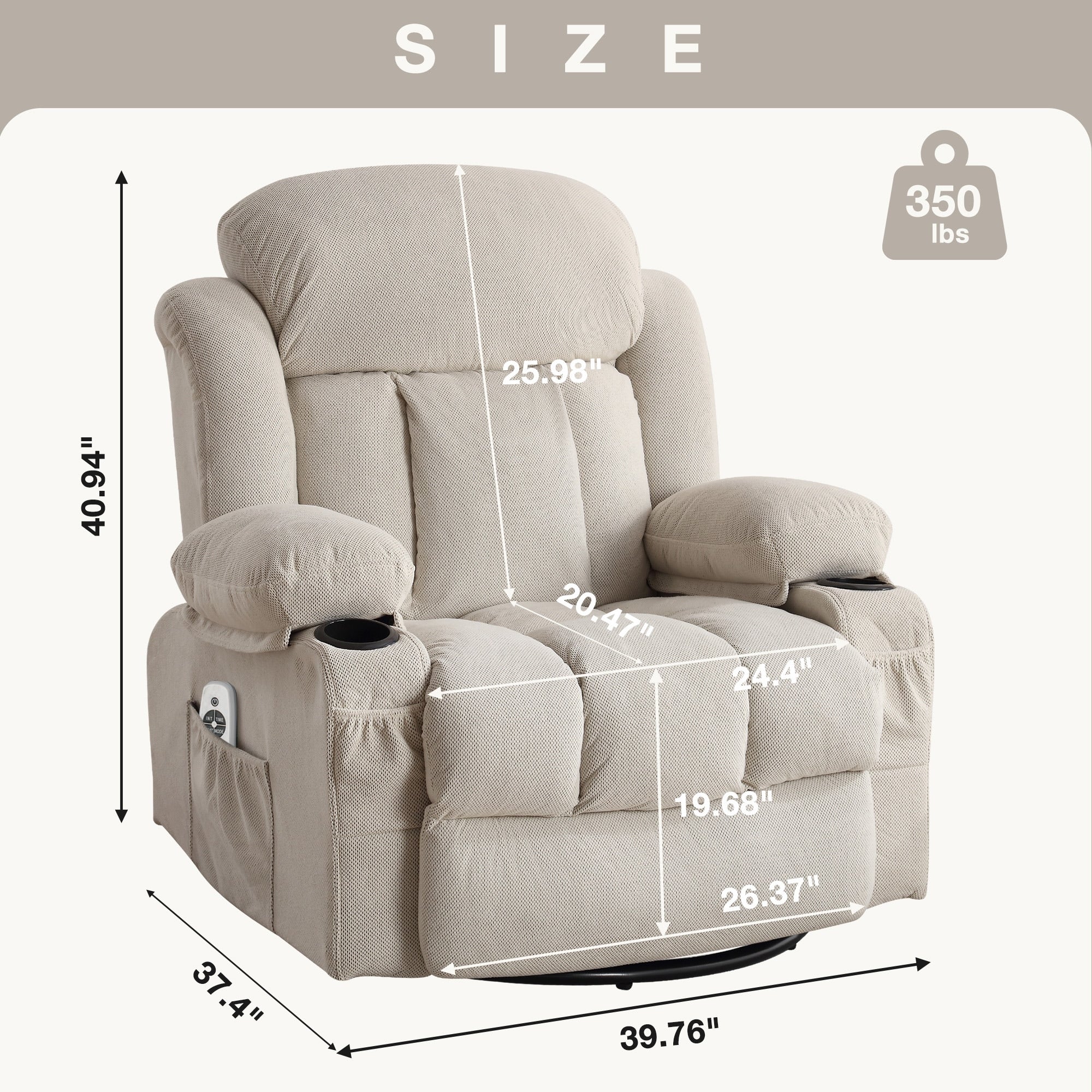 Swinging Recliner Massage Heated Sofa, With Usb And 2 Cup Holders In Side Pockets