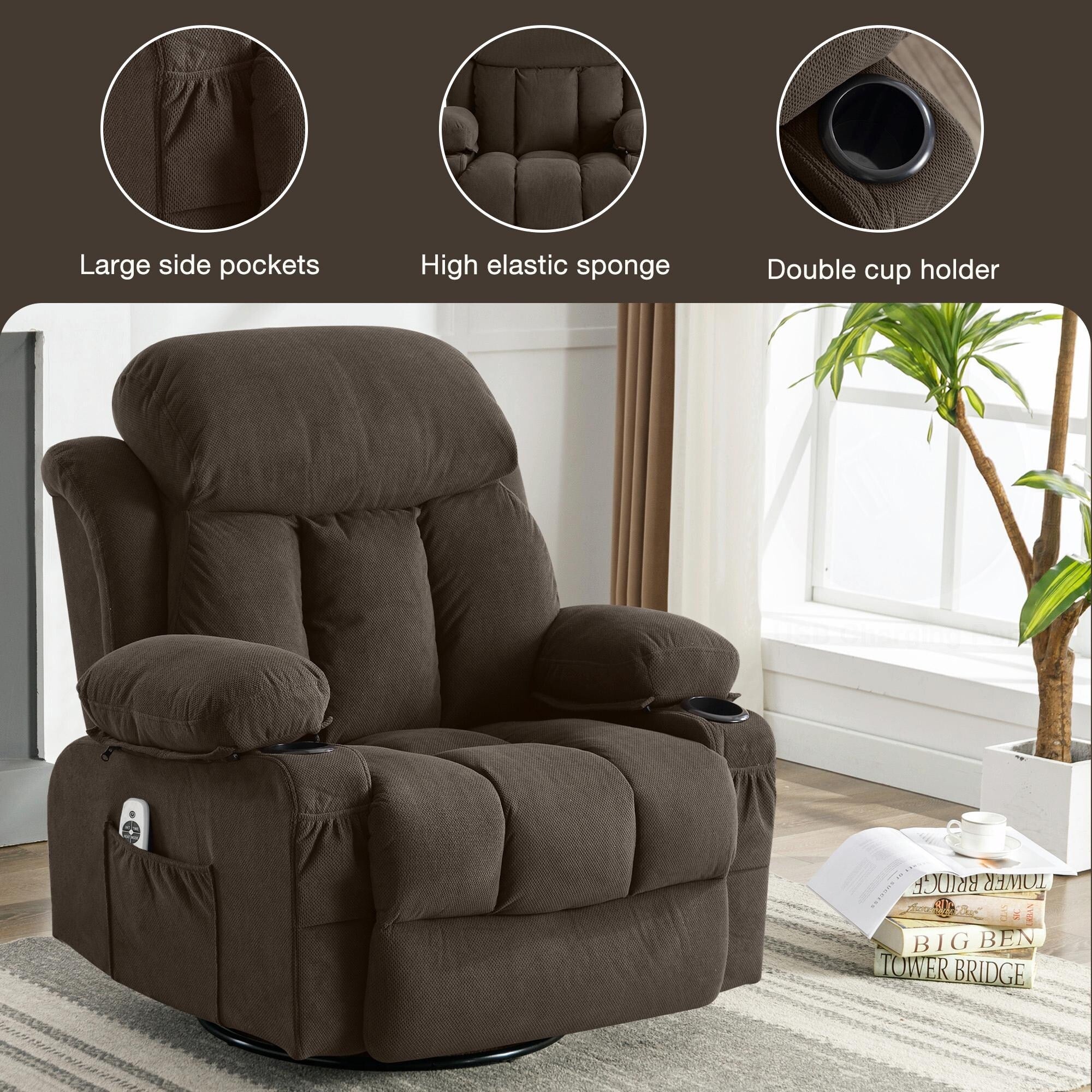 Swinging Recliner Massage Heated Sofa, with USB and 2 Cup Holders in Side Pockets