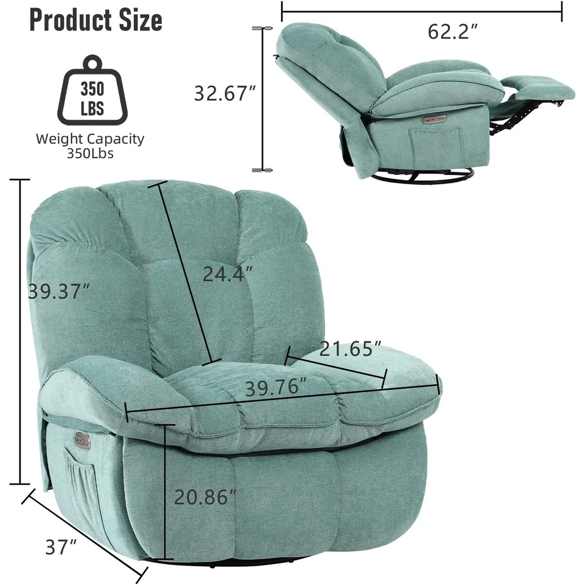 XINMICS Swivel Power Recliner Chair, Massage Rocker Recliners with Heated ,USB, USB-C and Side Pocket