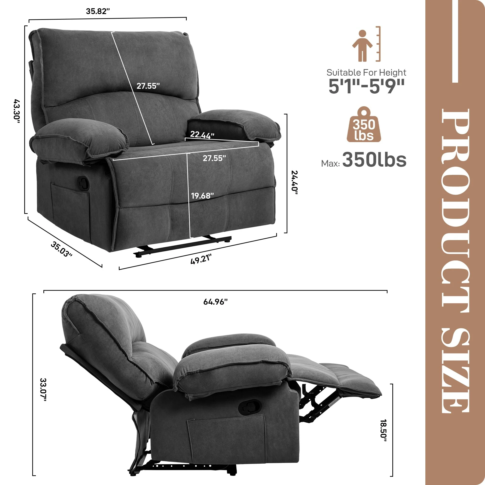 Push?Back Recliner Chair with Massage Pillow & Wide Seat