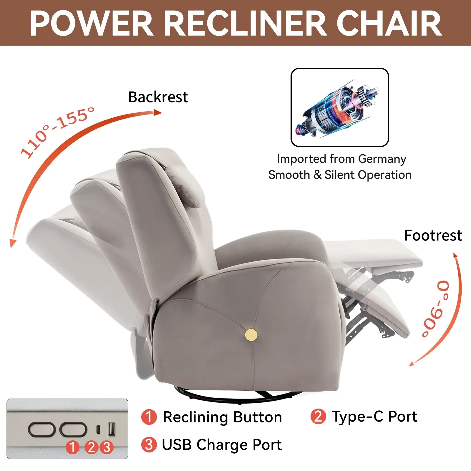Swivel and Rocker Power Recliner Chair with Lumbar