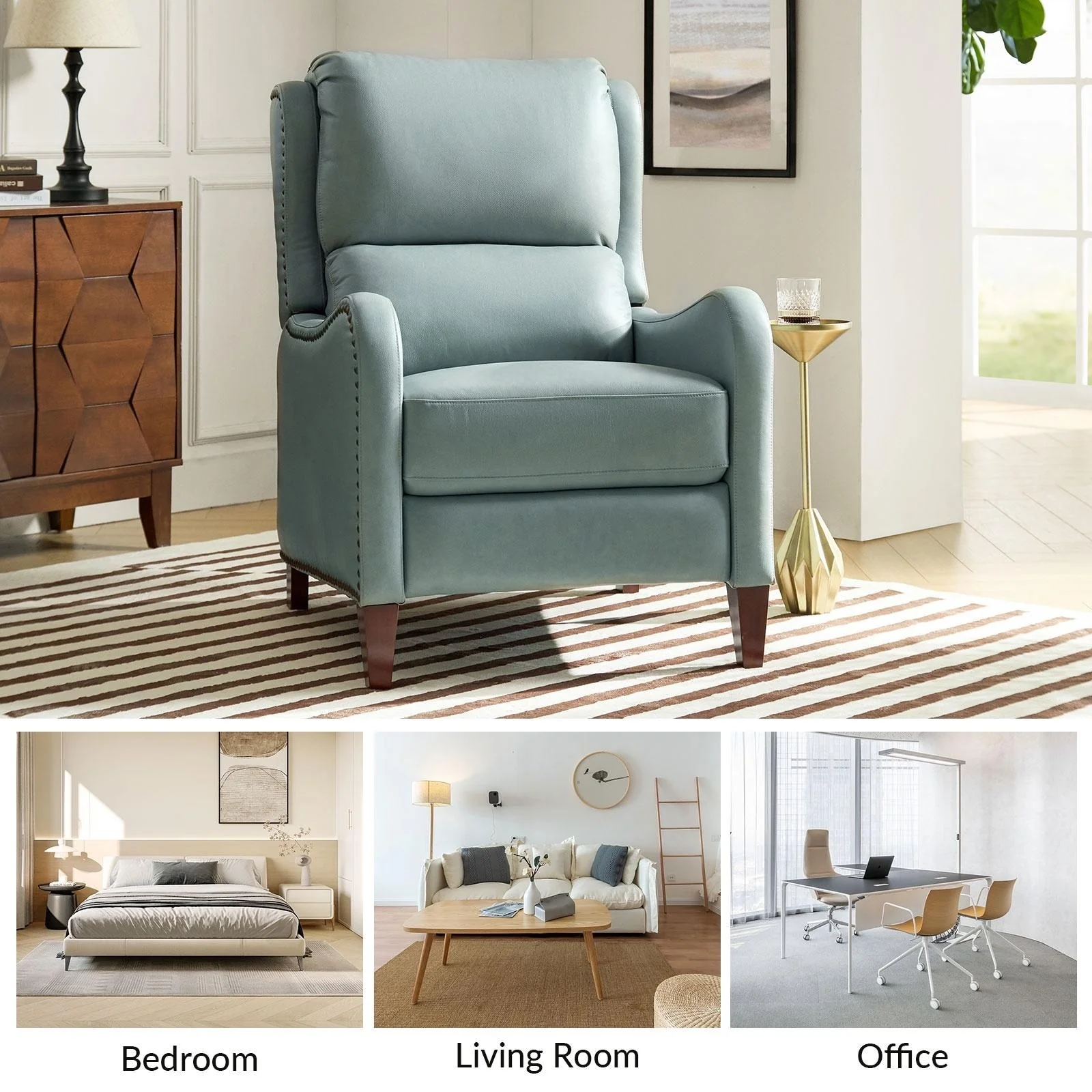 Brigida Modern Genuine Leather Nailhead Trim Recliner with Adjustable Footrest Set of 2 by HULALA HOME