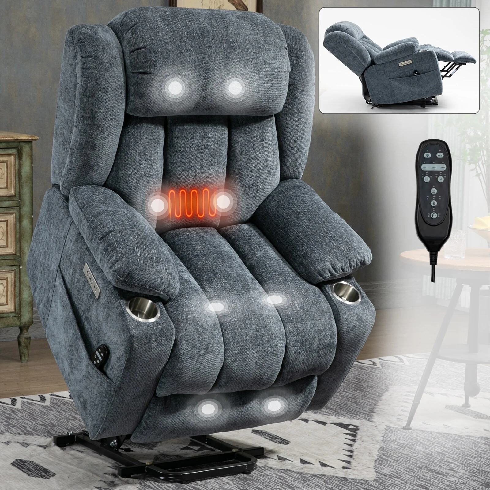 Grey Power Lift Recliner with Massage, Heated Lumbar, USB and Type-C Ports, and Stainless Steel Cup Holders